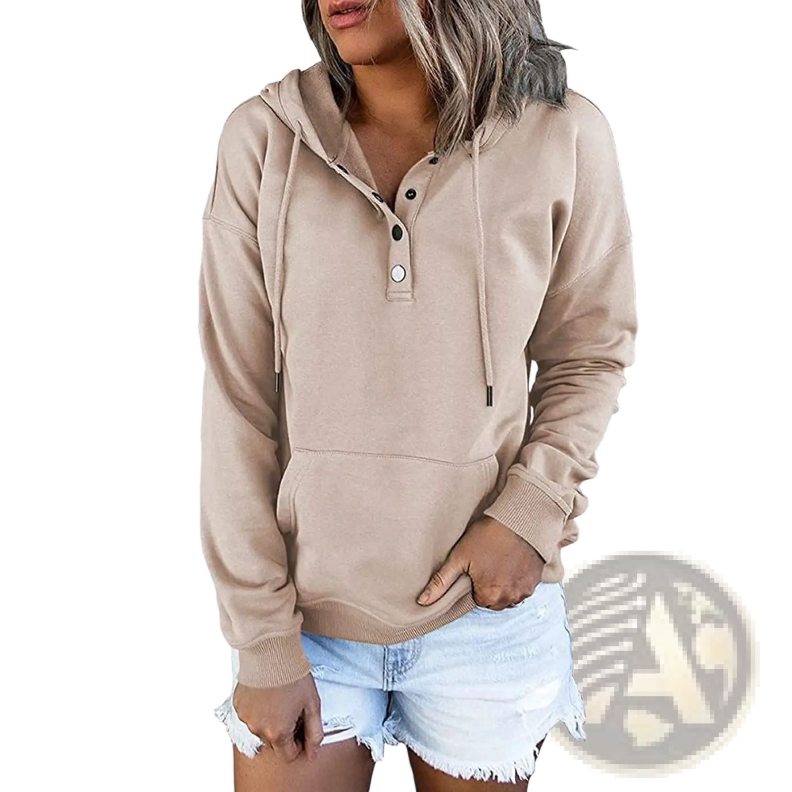 Beige women’s hooded sweatshirt with button neck detail and front pocket ideal for casual wear
