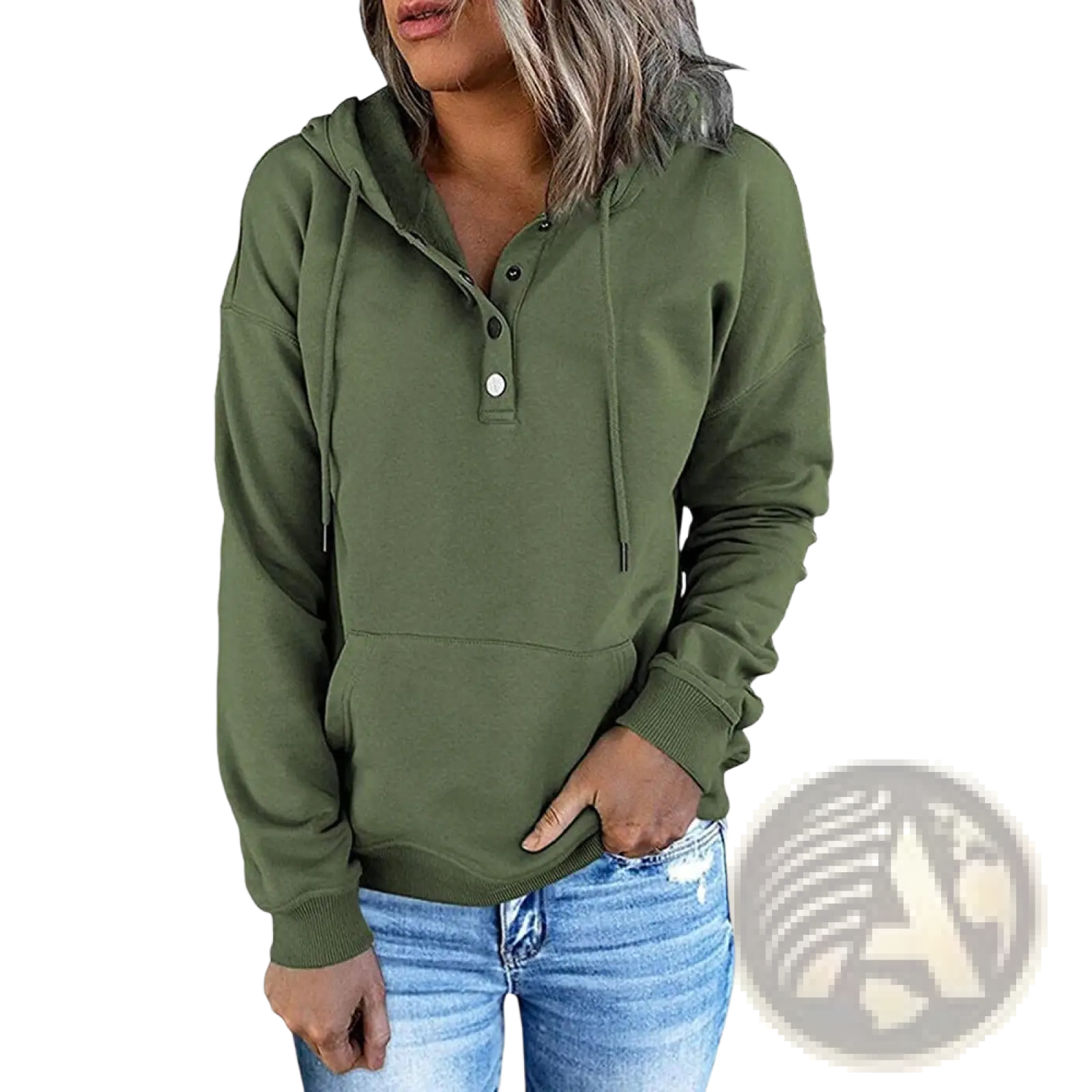 Women’s olive green hooded sweatshirt with button-down front and drawstring for casual wear