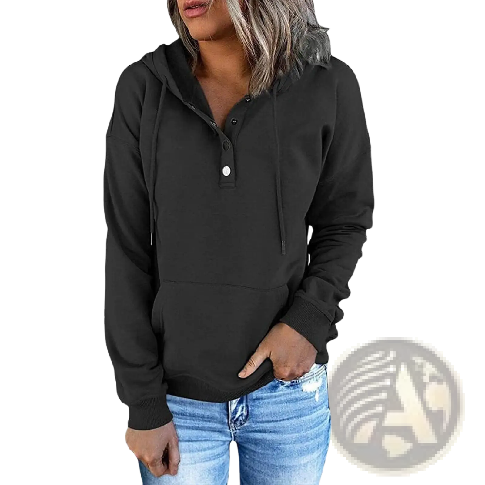 Black women’s hooded sweatshirt with button neck henley front and drawstrings for casual wear