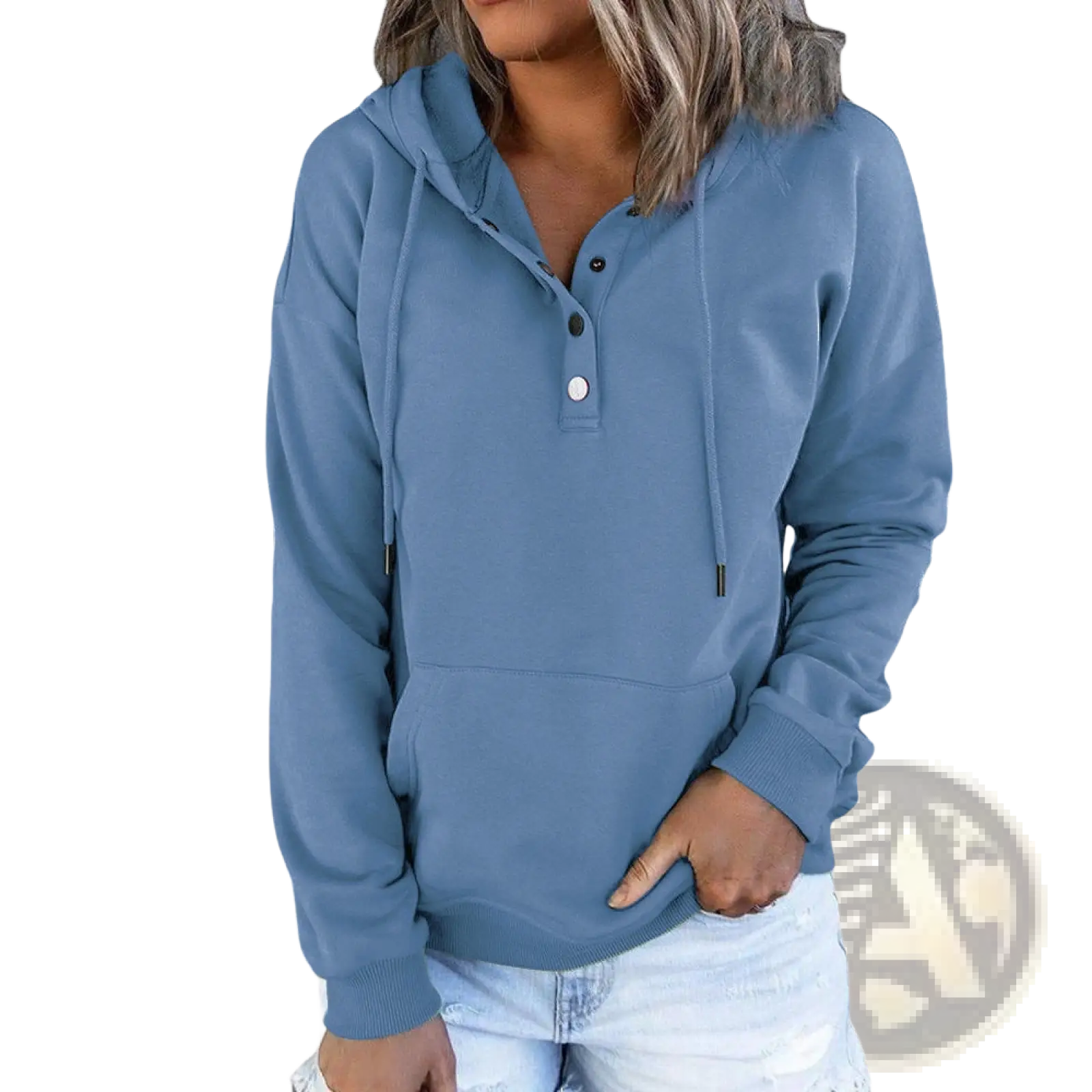 Blue cotton women’s button neck drawstring hooded sweatshirt with buttoned front and adjustable hood for casual wear