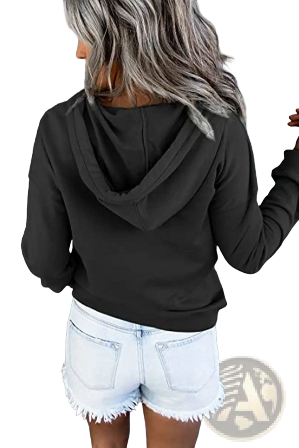 Women’s black long-sleeved button neck drawstring hooded sweatshirt with relaxed fit and ribbed cuffs