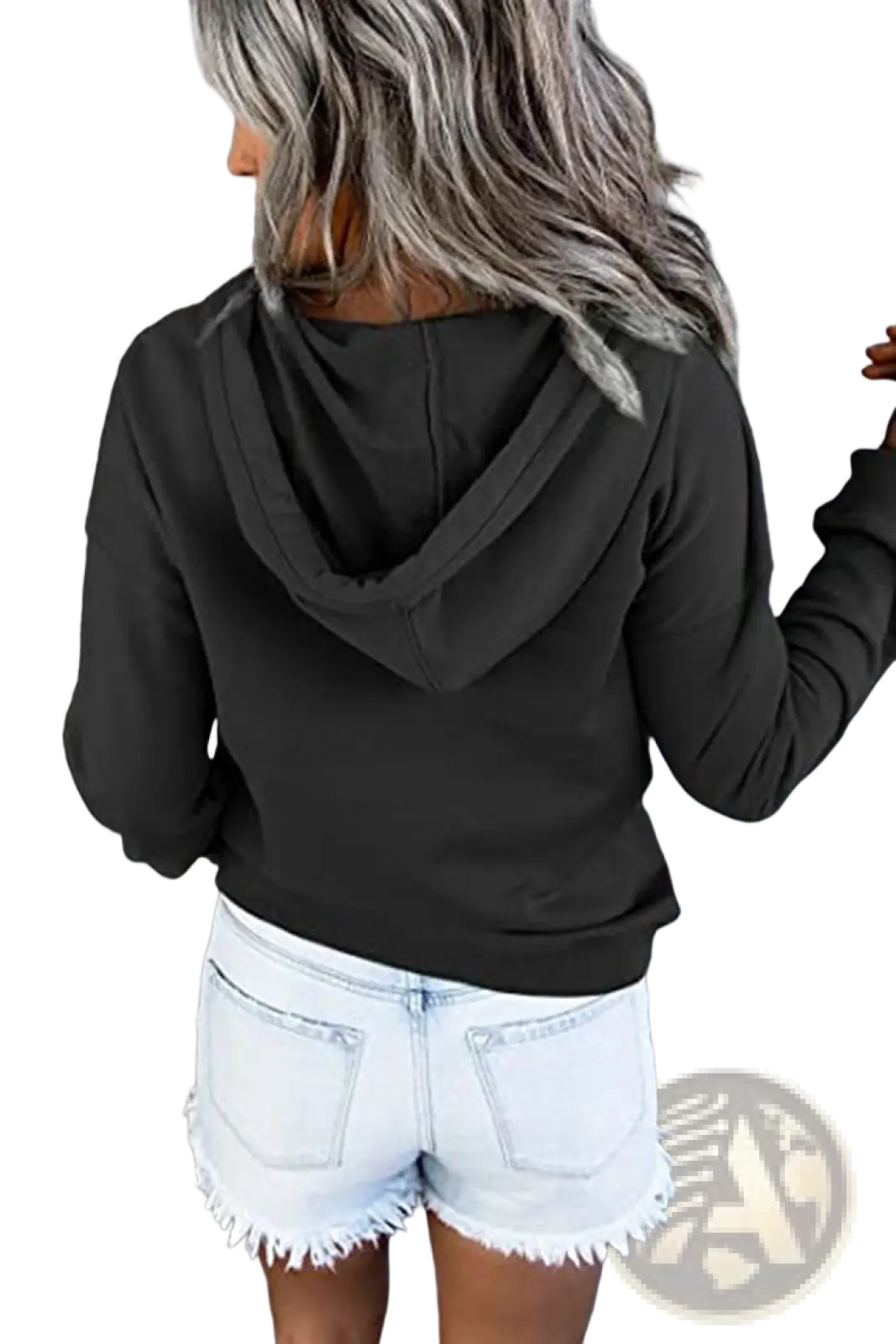 Women’s black long-sleeved button neck drawstring hooded sweatshirt with relaxed fit and ribbed cuffs