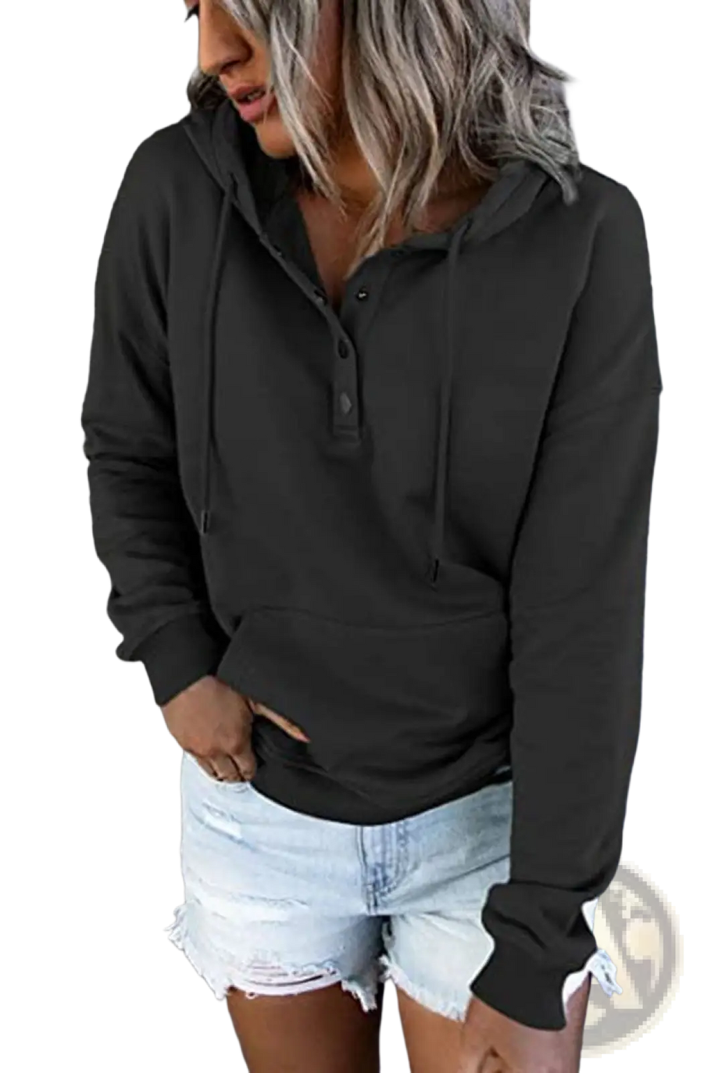 Women’s black long-sleeved hooded sweatshirt with button neck and drawstring for casual wear