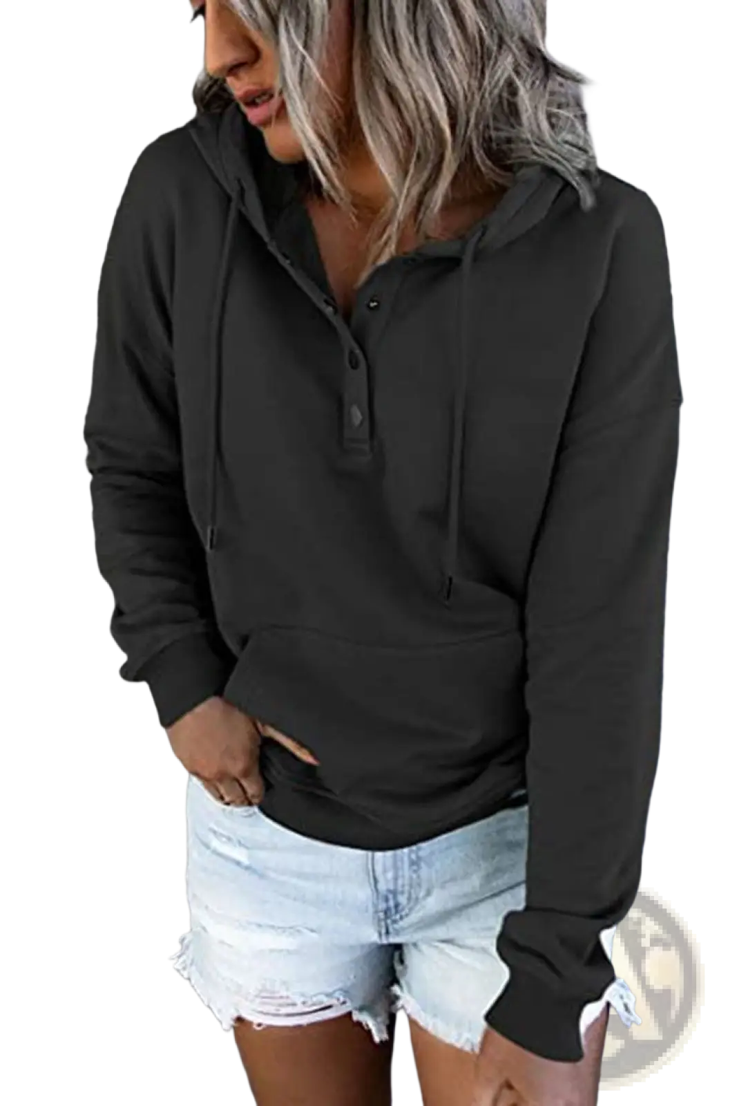 Women’s black long-sleeved hooded sweatshirt with button neck and drawstring for casual wear