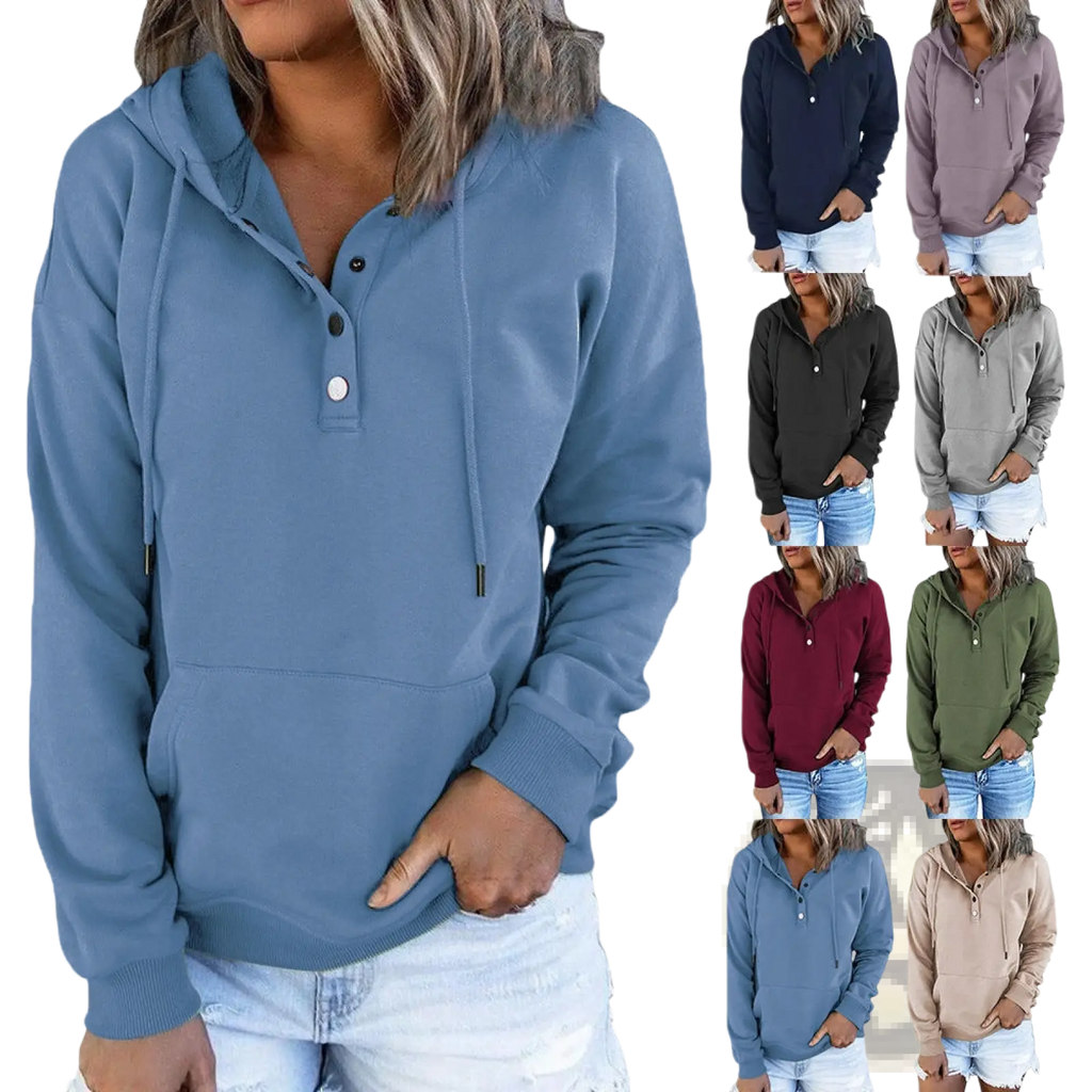 Blue women’s hooded sweatshirt with button-front neckline and drawstring hood made from soft fabric