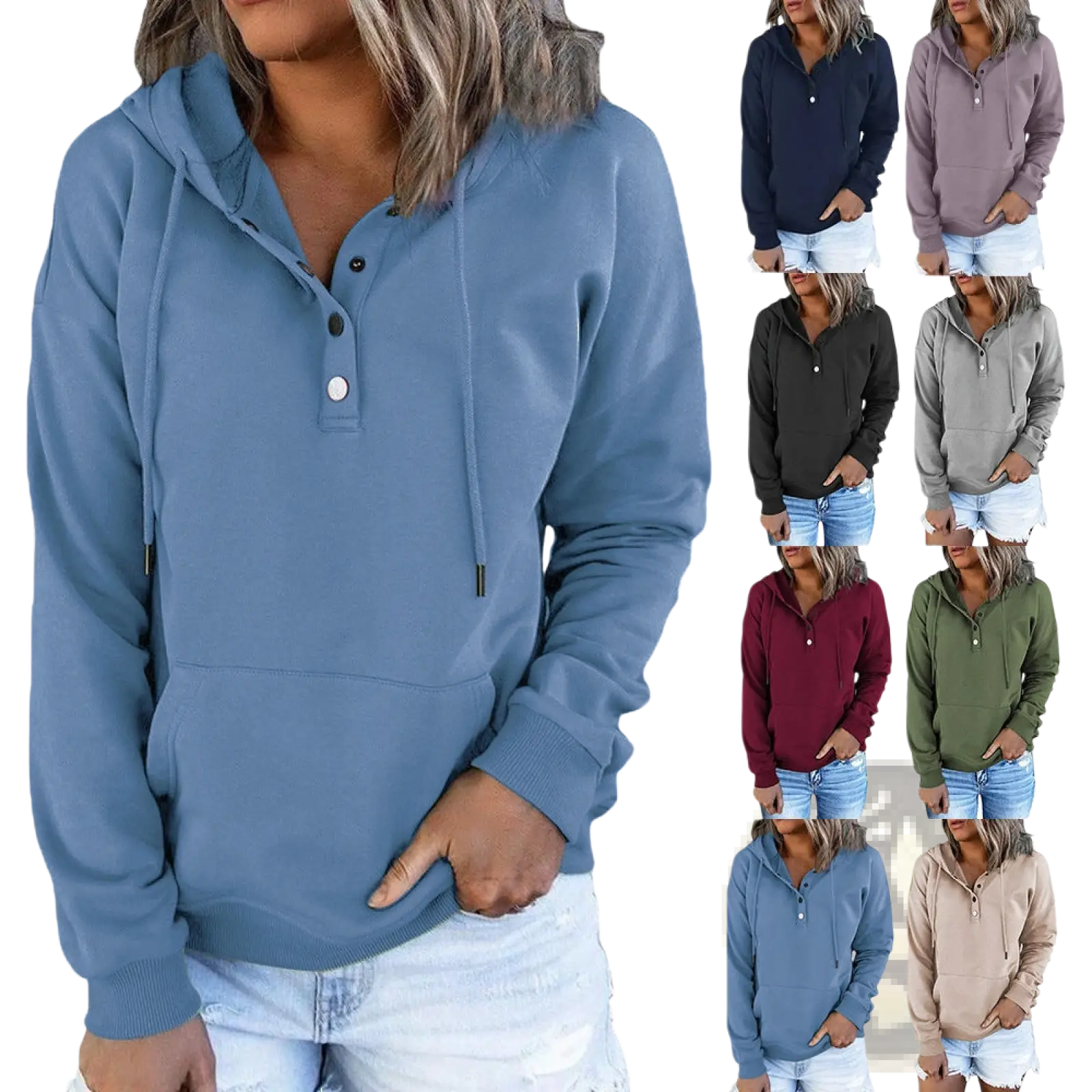 Blue women’s hooded sweatshirt with button-front neckline and drawstring hood made from soft fabric