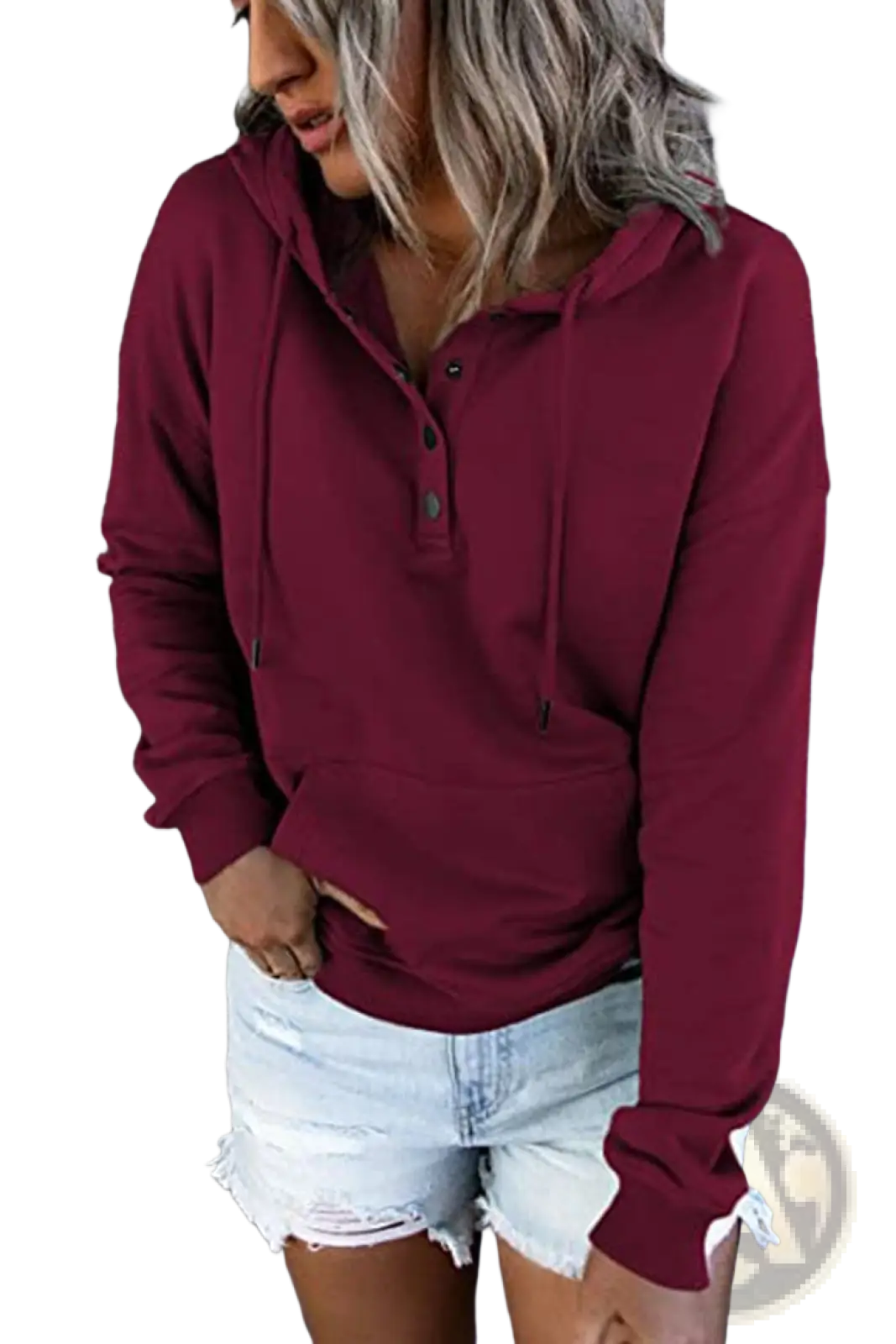 Women’s maroon button neck drawstring hooded sweatshirt long-sleeved hoodie ideal for casual wear