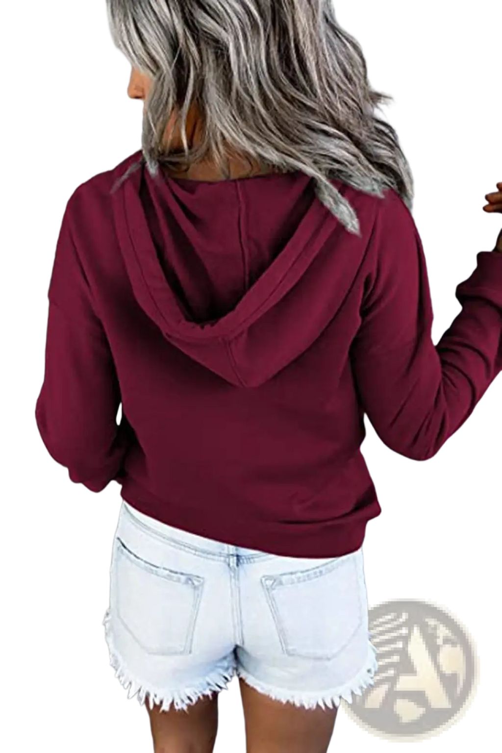 Women’s button neck drawstring hooded sweatshirt in maroon with soft cozy fabric and relaxed long-sleeved fit