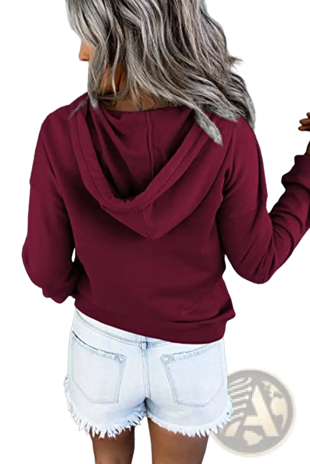 Women’s button neck drawstring hooded sweatshirt in maroon with soft cozy fabric and relaxed long-sleeved fit
