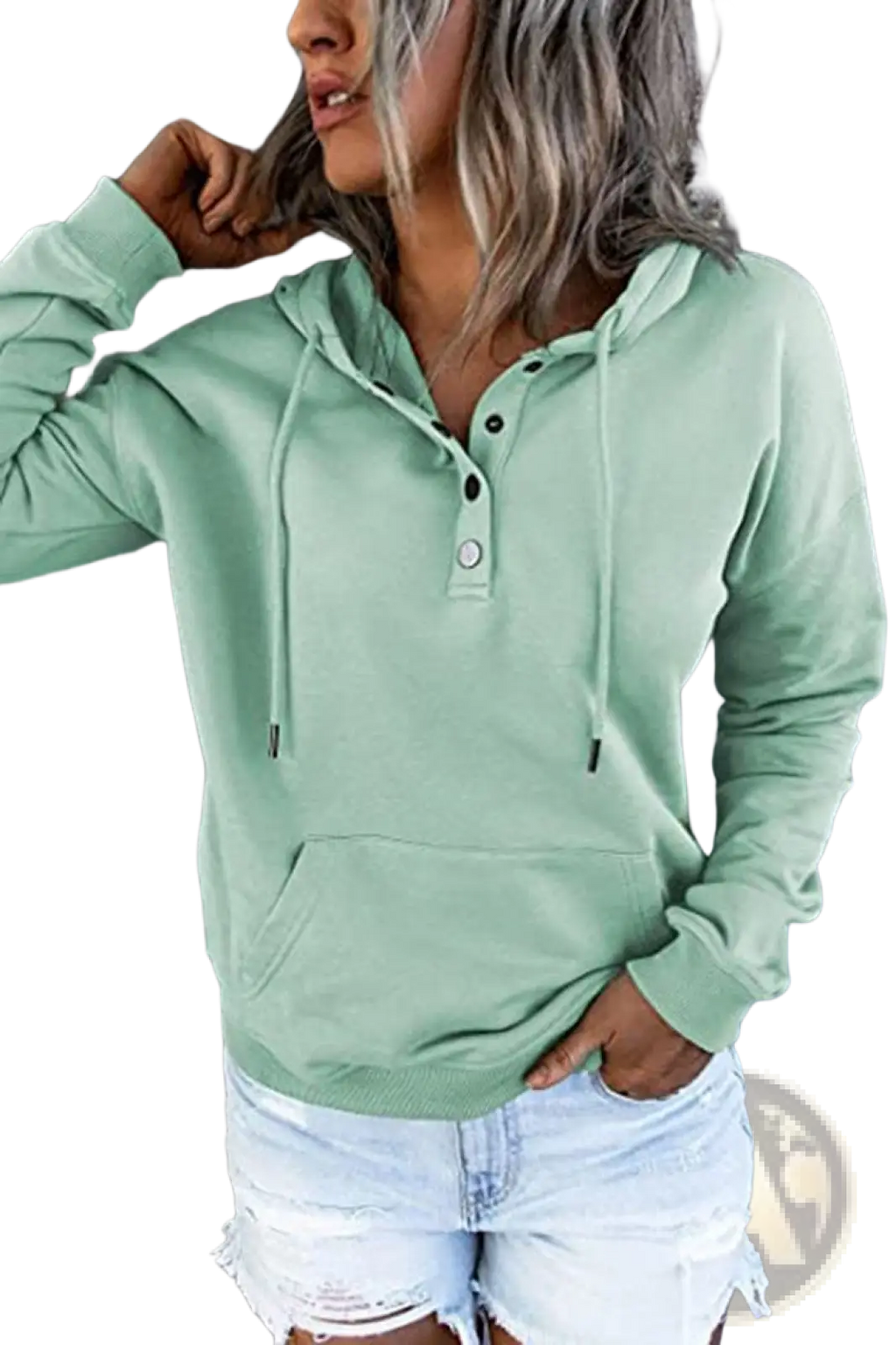 Mint green women’s long-sleeved hoodie with black button closure and drawstrings in a comfortable sweatshirt design