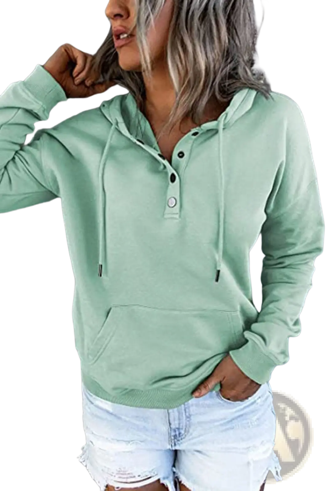 Mint green women’s long-sleeved hoodie with black button closure and drawstrings in a comfortable sweatshirt design