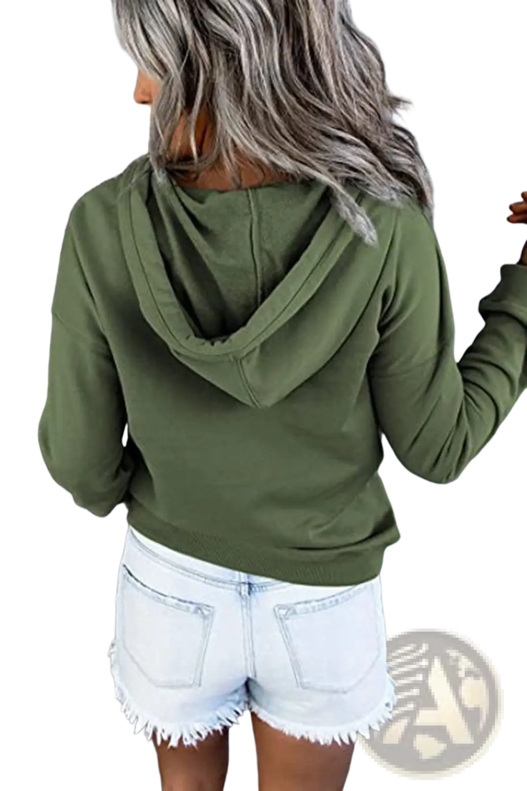 Women’s olive green long-sleeved button neck drawstring hooded sweatshirt with relaxed fit and soft fabric