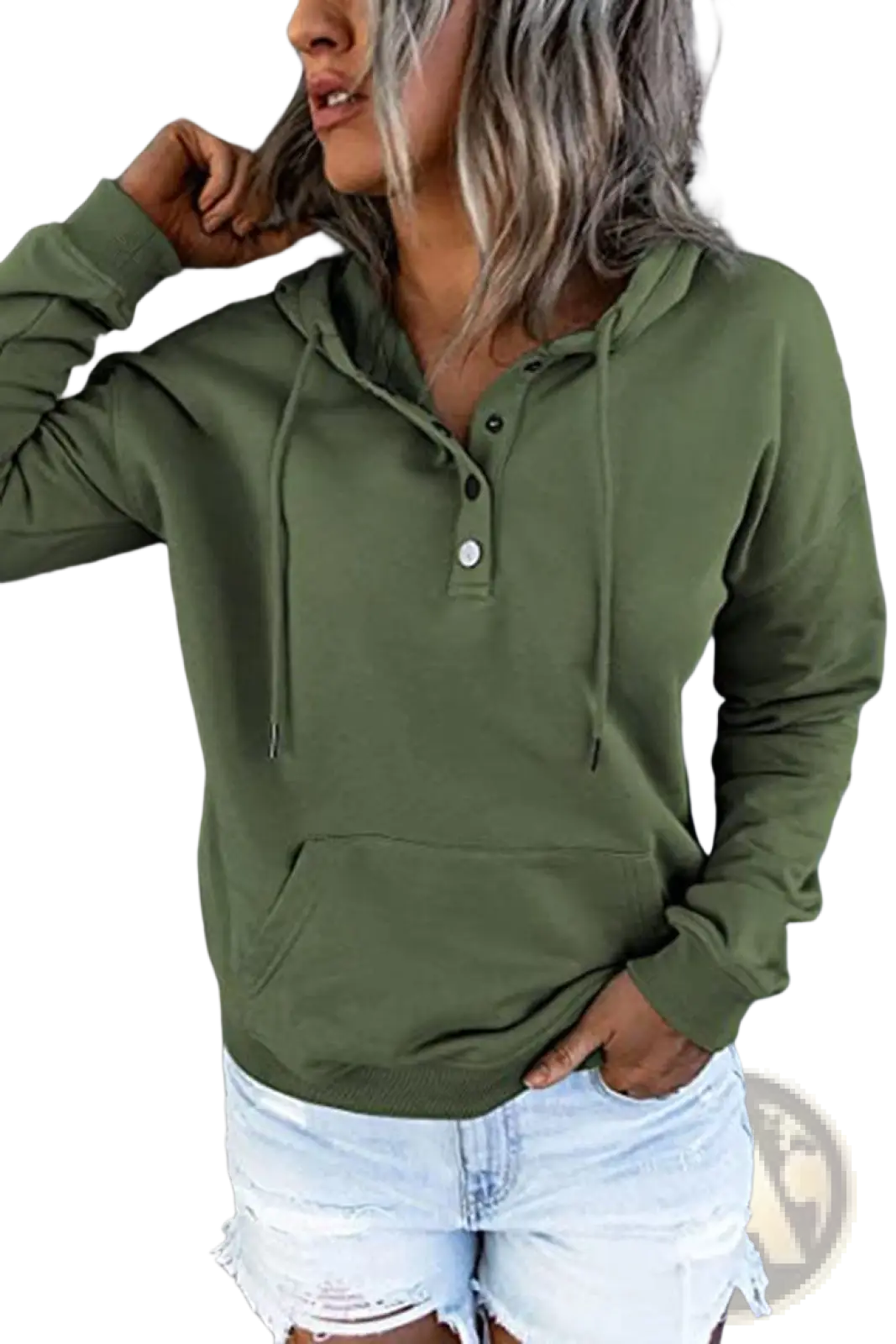 Olive green women’s long-sleeved button neck drawstring hooded sweatshirt with front pocket and placket