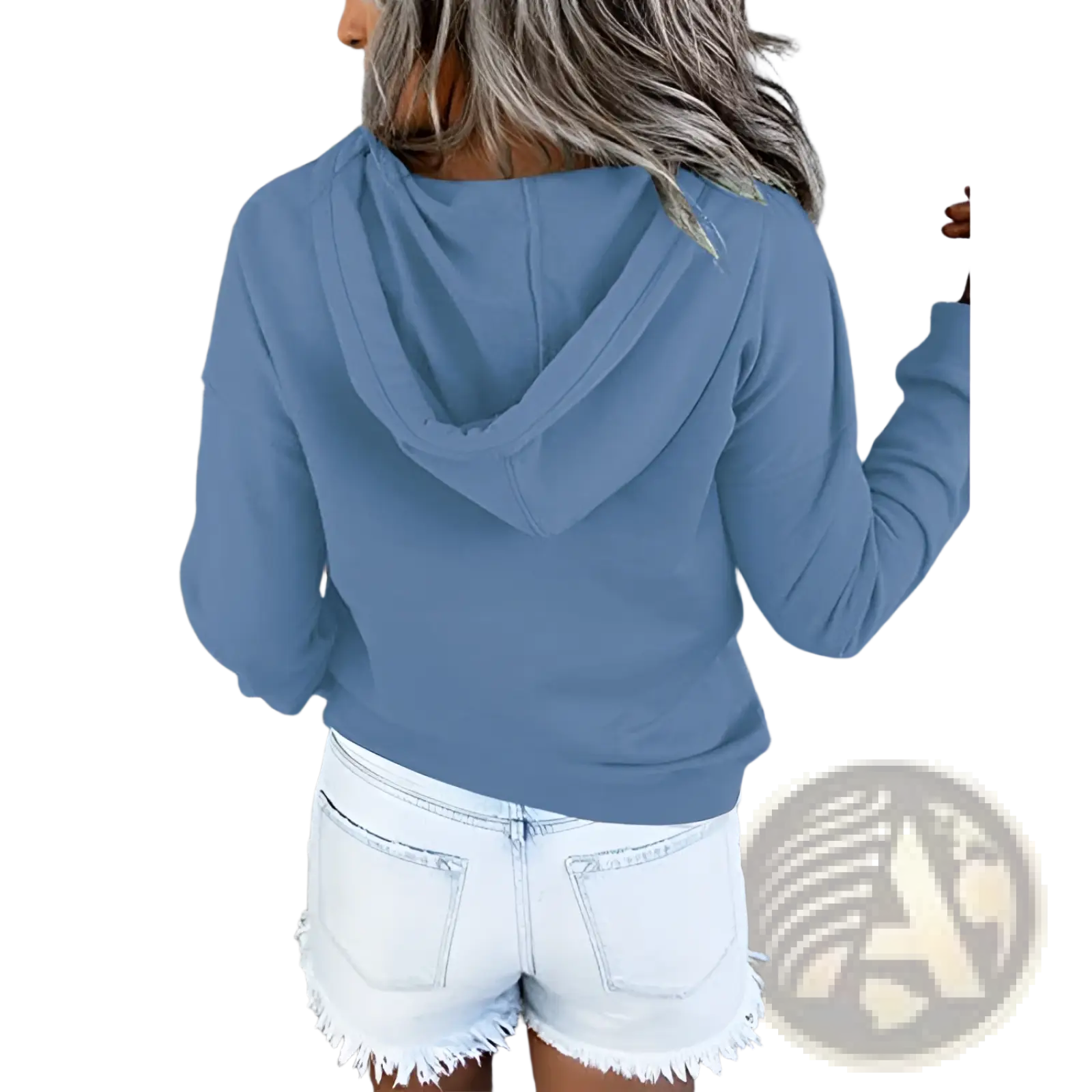 Women’s soft blue long-sleeved button neck drawstring hooded sweatshirt with relaxed fit and cozy material