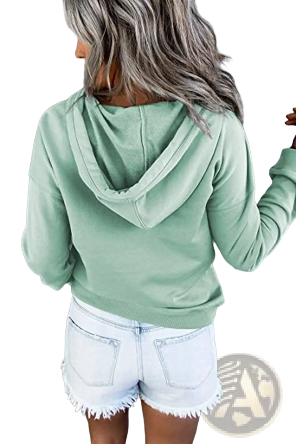 Women’s button neck drawstring hooded sweatshirt in soft mint green with relaxed fit long sleeves and ribbed cuffs