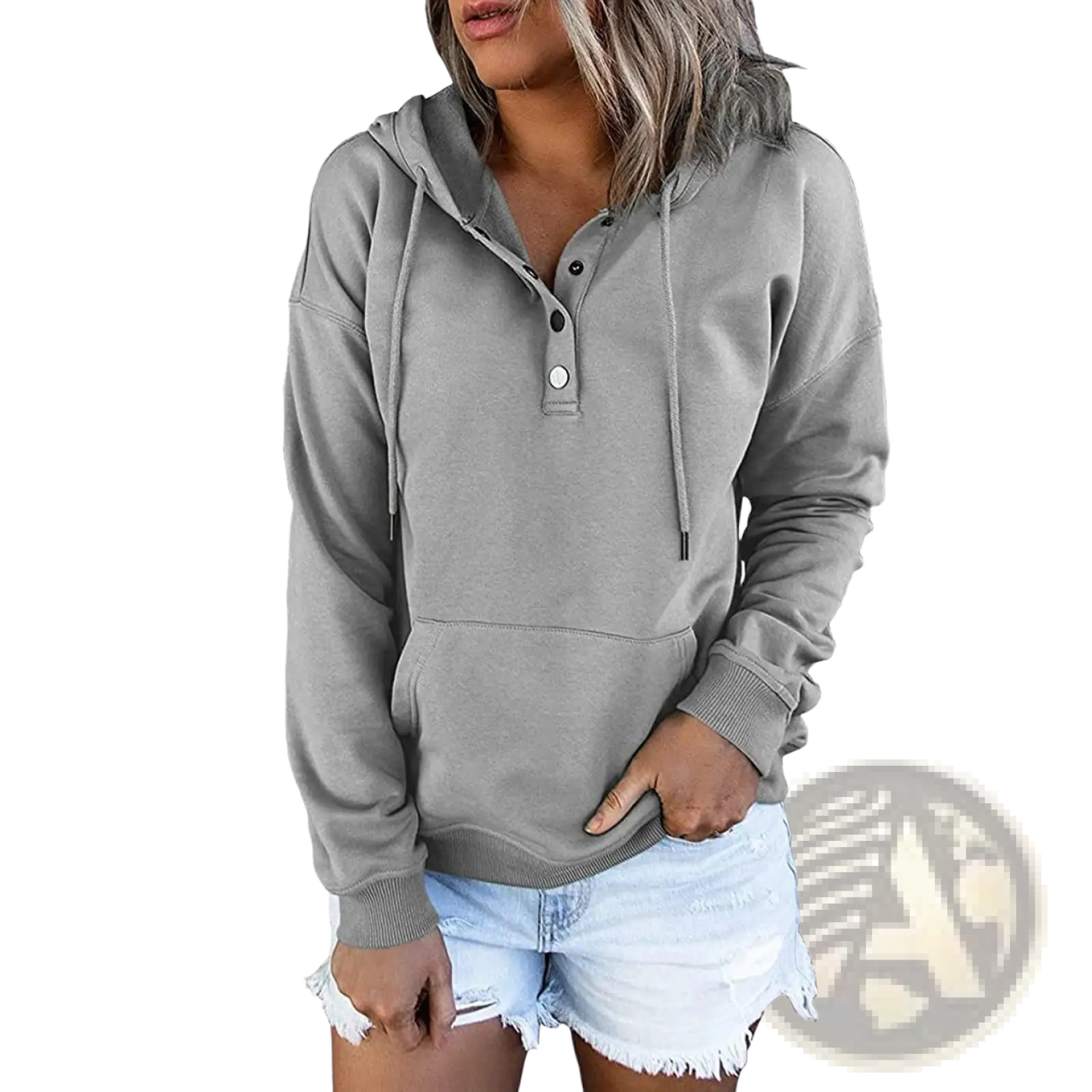 Women’s gray hooded sweatshirt with button-front neckline and front pocket, ideal for casual wear