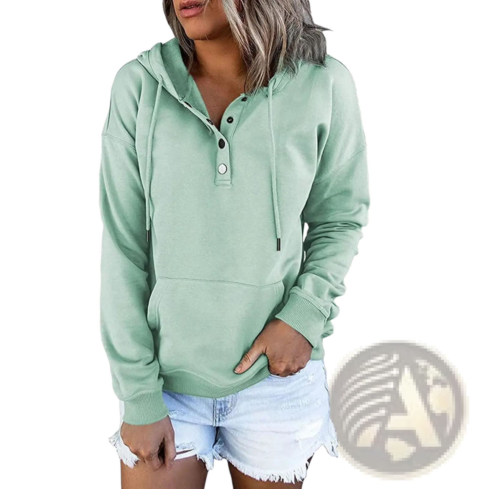 Women’s mint green hooded sweatshirt with button-front detail and front pocket perfect for casual wear