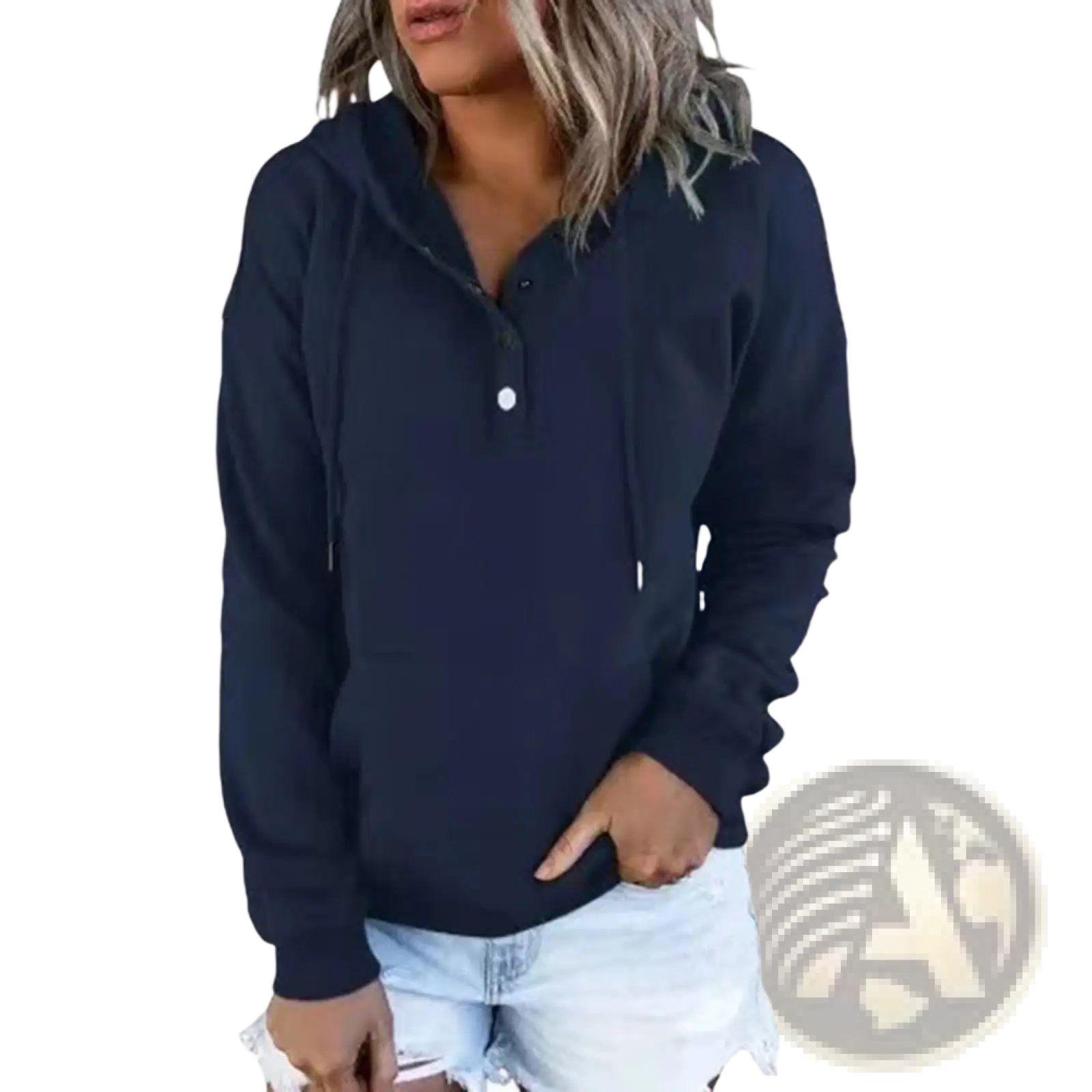 Navy blue women’s button neck drawstring hooded sweatshirt with henley front and white buttons made of soft fabric