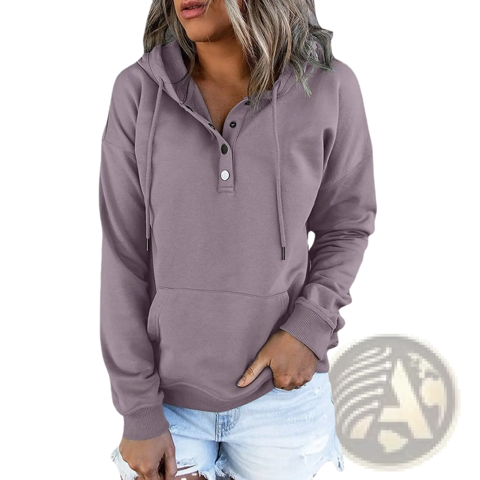 A soft lavender women’s hooded sweatshirt with button-front neckline and drawstring hood in comfortable fabric