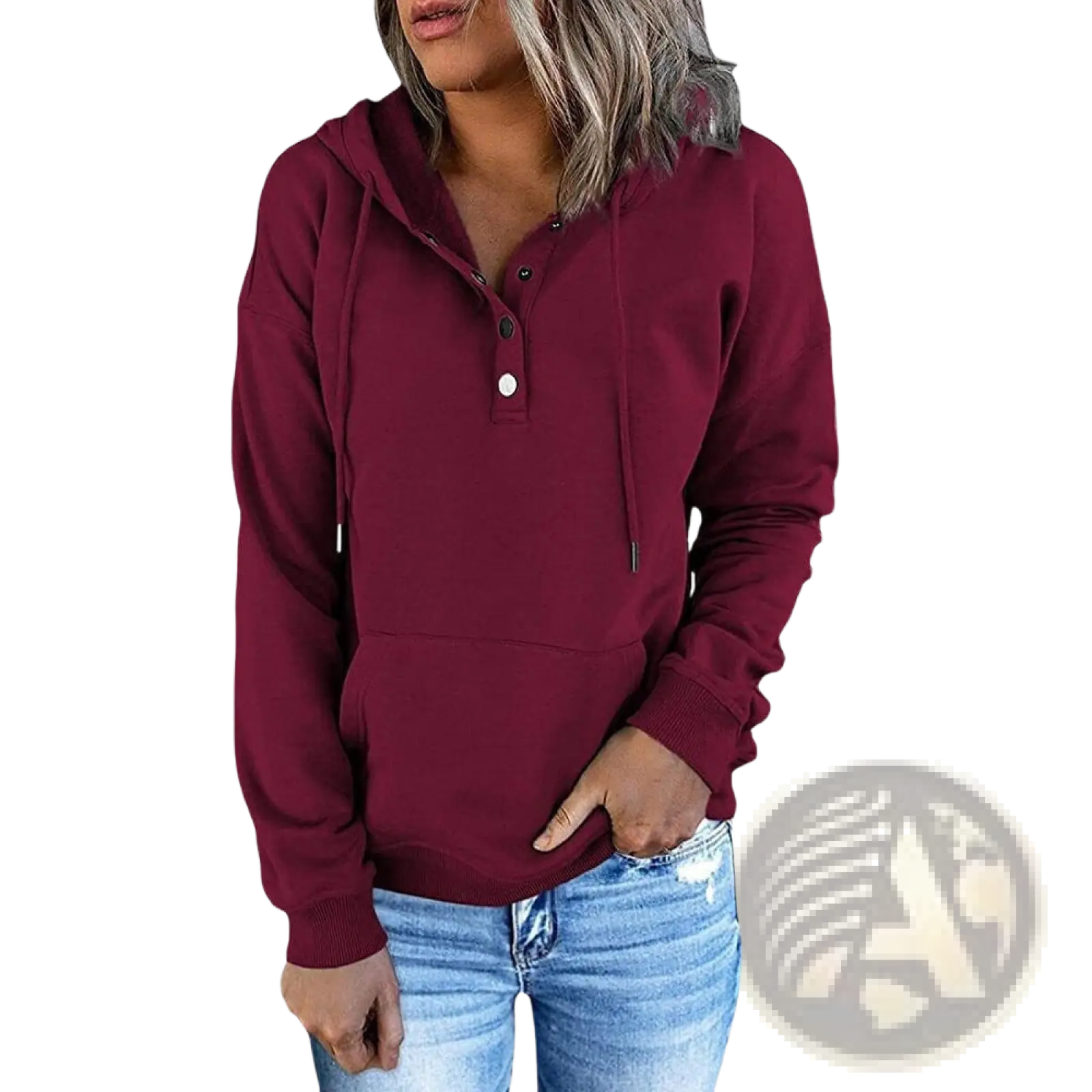 Women’s maroon hooded sweatshirt with henley button neck placket and matching drawstring for casual wear