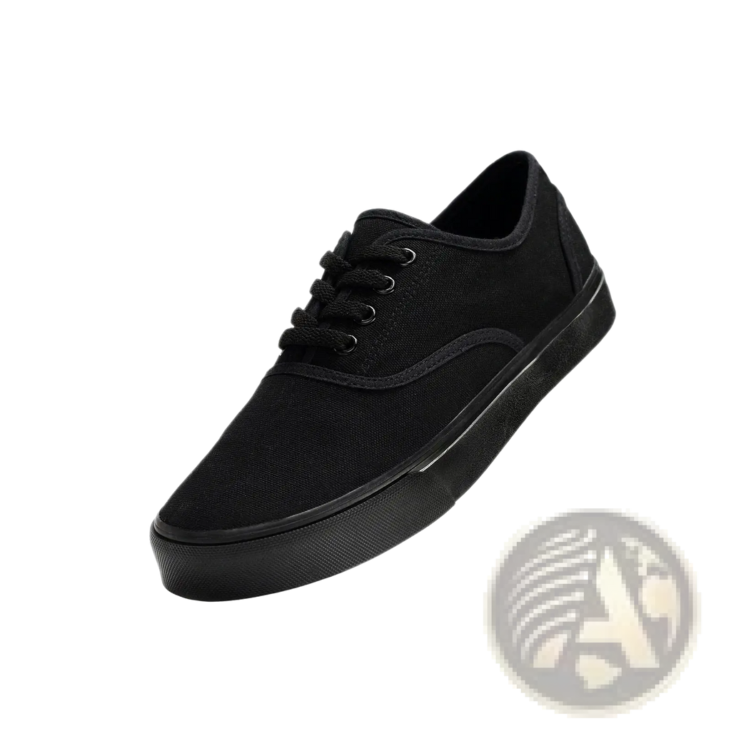 Women’s black canvas lace up low top casual sneakers with matching laces and rubber sole for everyday wear