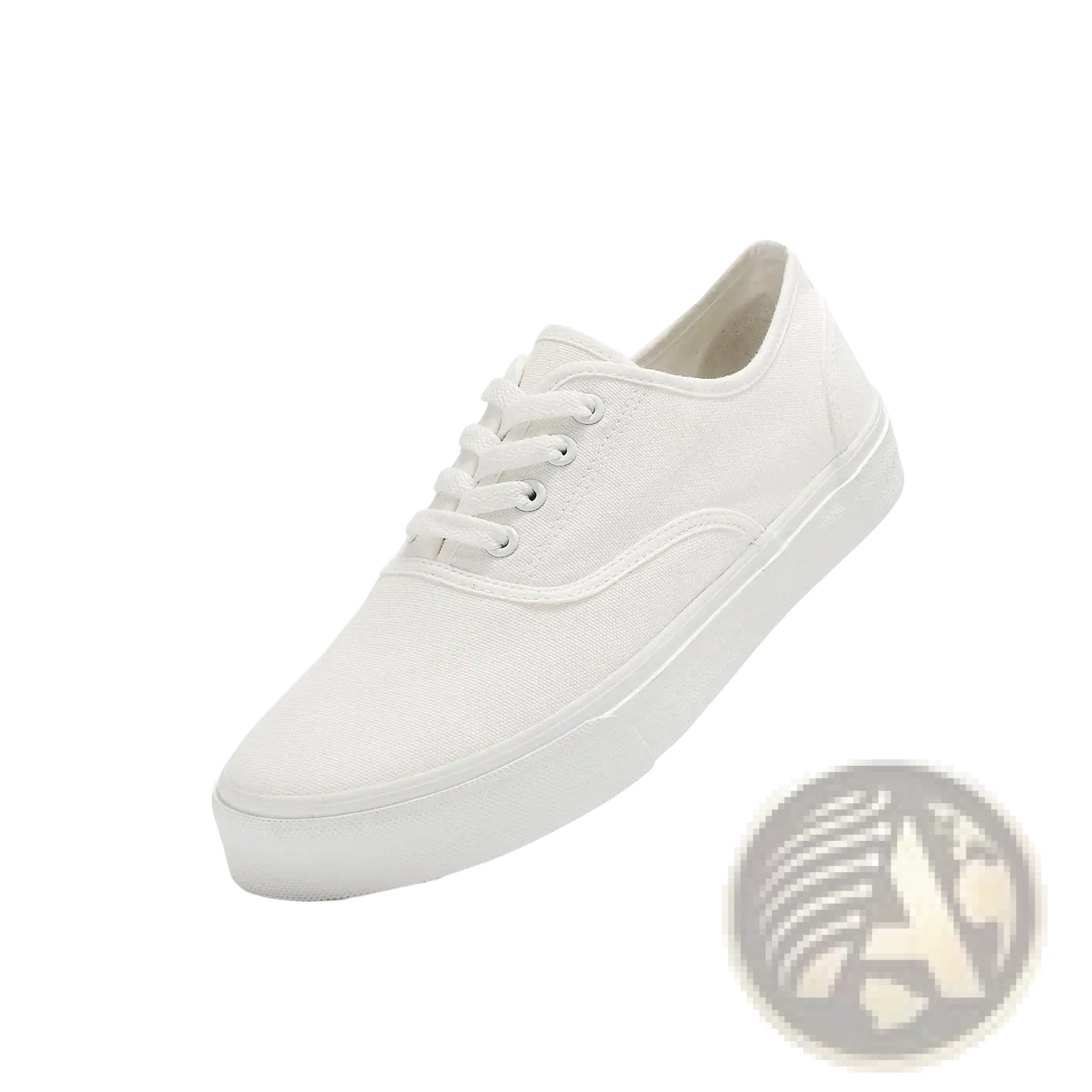 White canvas low top women’s casual sneaker with matching laces and thick white rubber sole