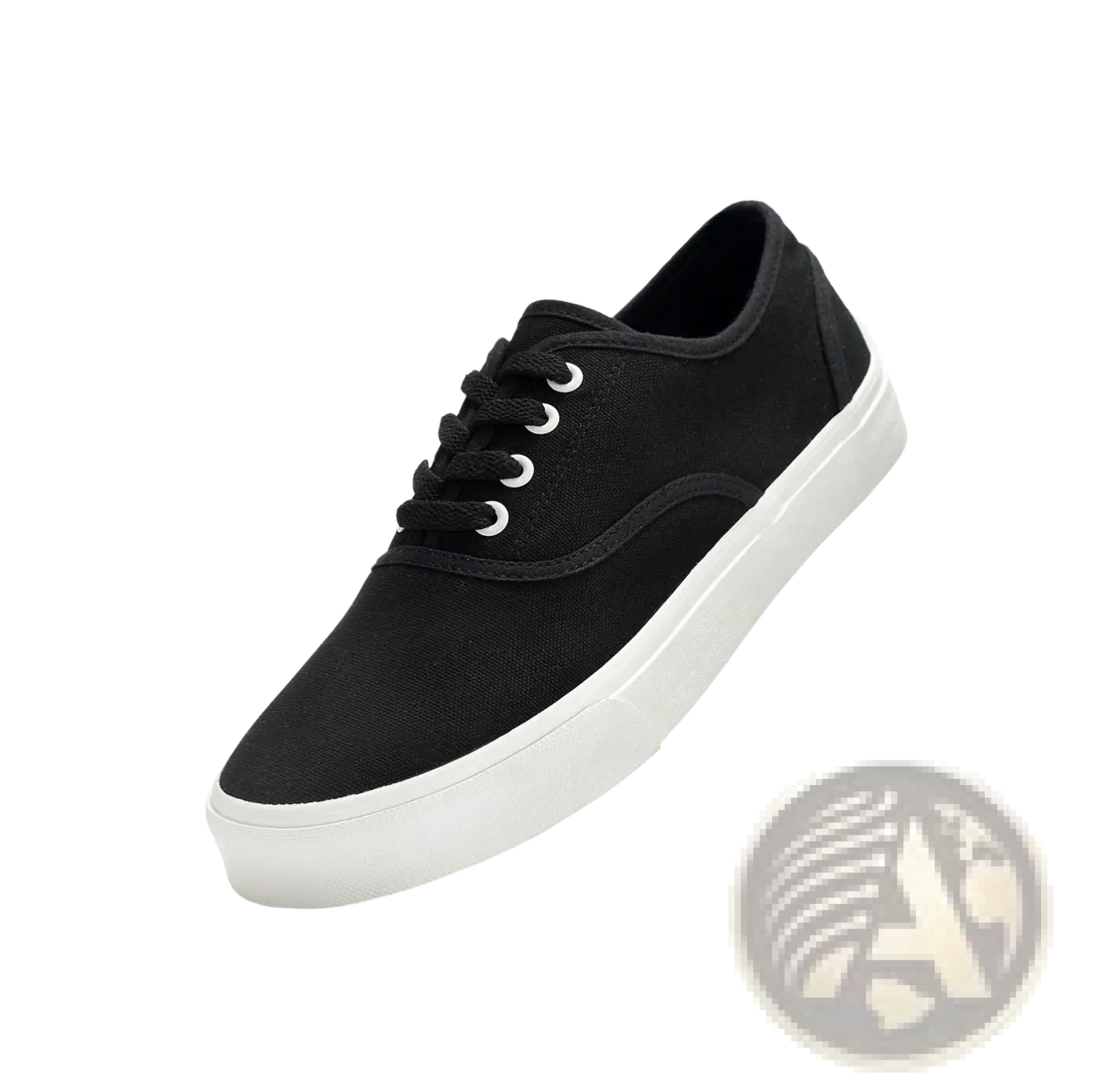 Women’s black canvas lace up low top casual sneakers with white rubber sole and matching laces front view