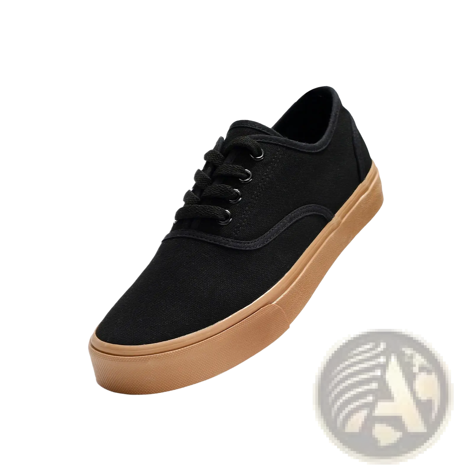 Black canvas low top women’s casual sneaker with tan rubber sole and black laces for everyday wear