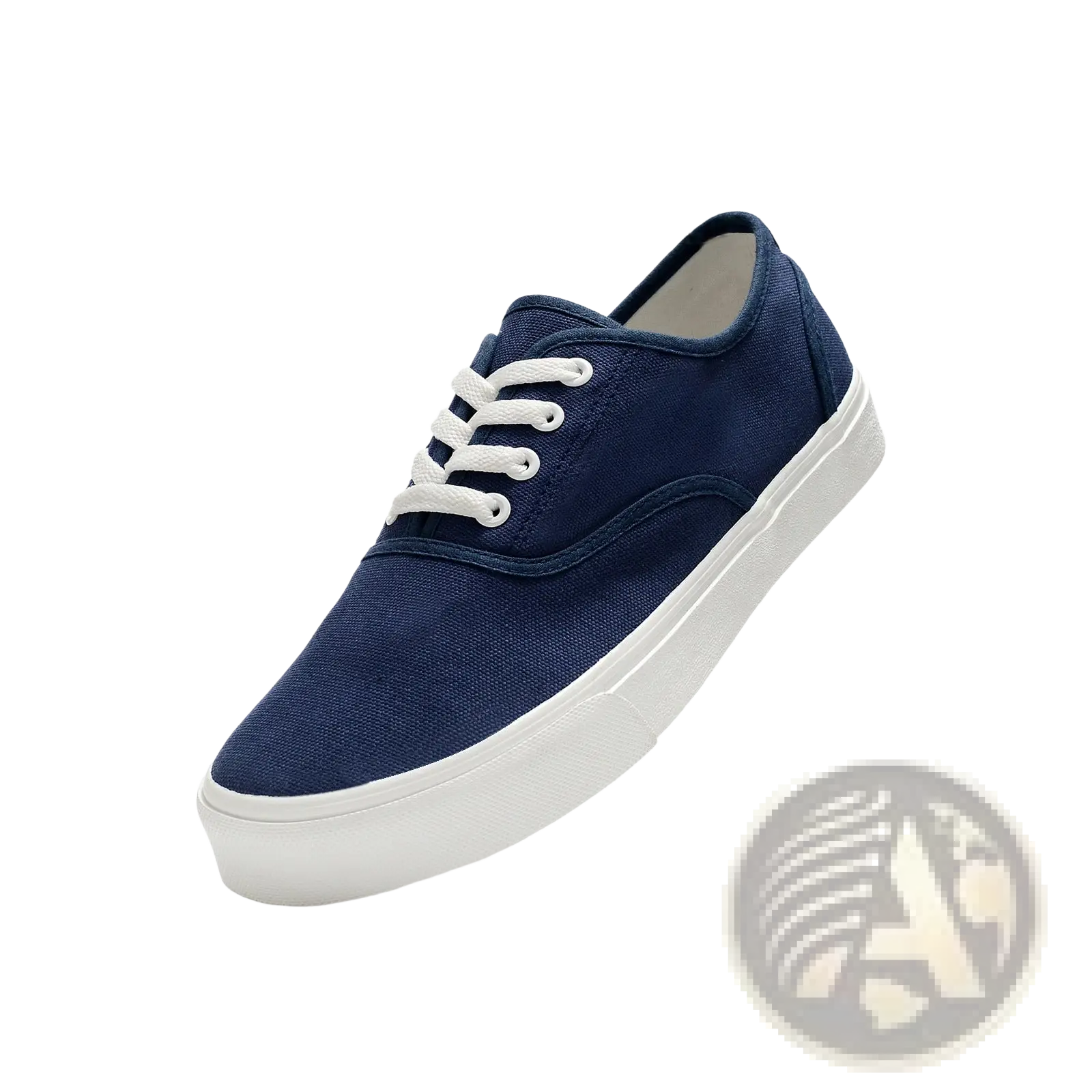 Navy blue canvas low-top women’s casual sneaker with white laces and a thick white rubber sole
