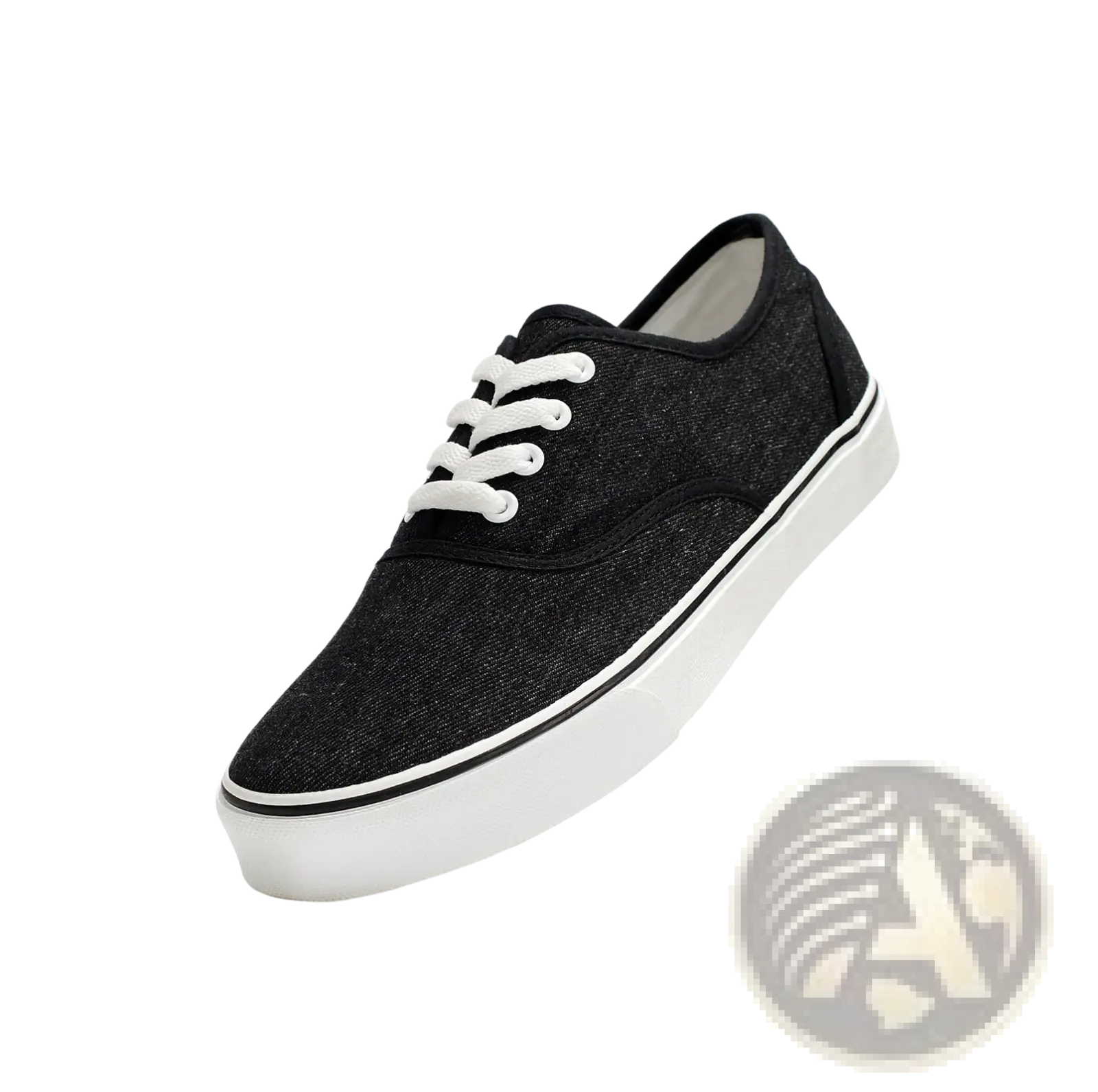 Black canvas low top casual sneaker for women with white laces and thick white rubber sole