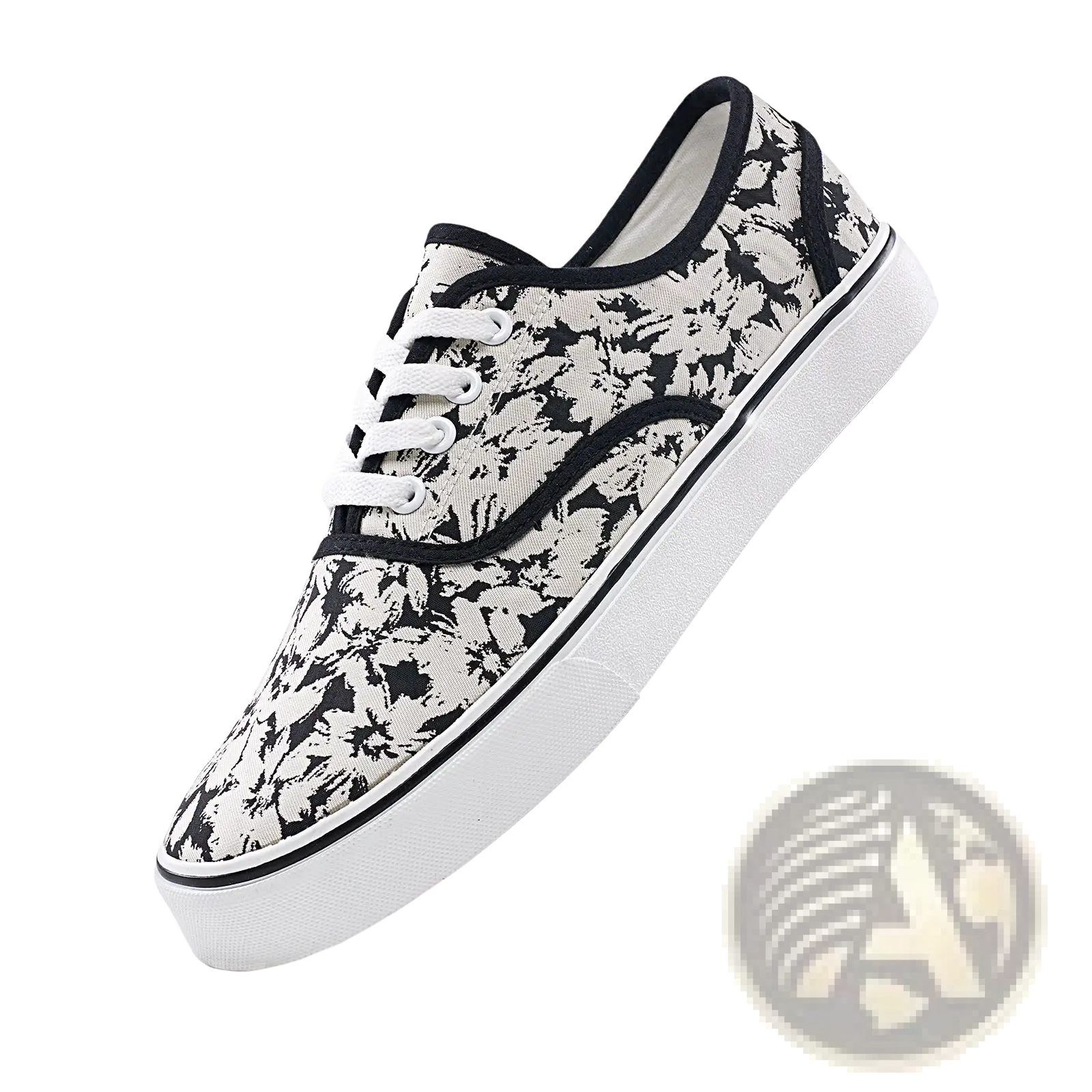 Women’s canvas lace up low top casual sneakers in black and white floral patterned canvas with classic vans design