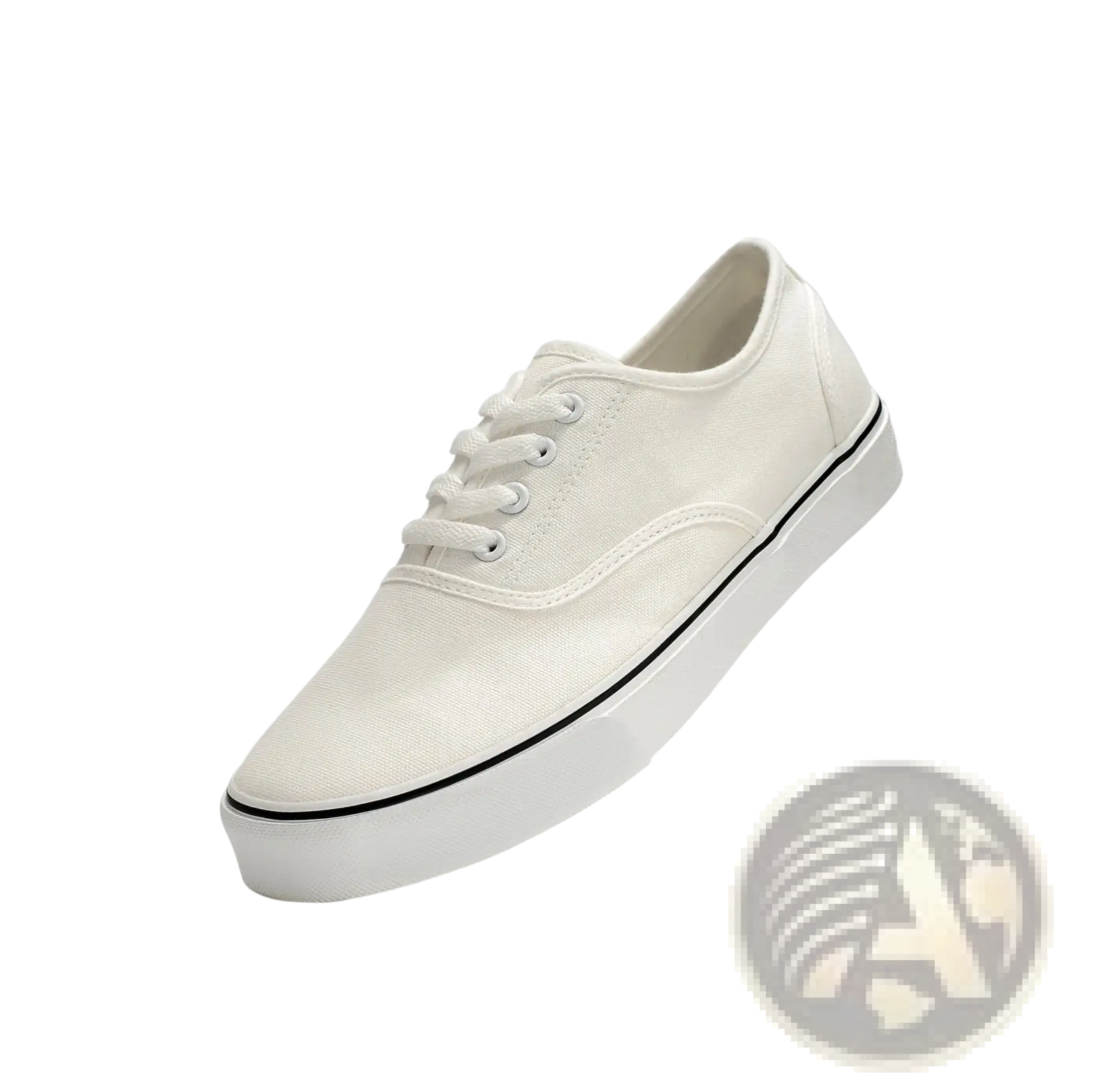 White canvas low-top women’s sneaker with black rubber sole and classic lace-up design for casual wear