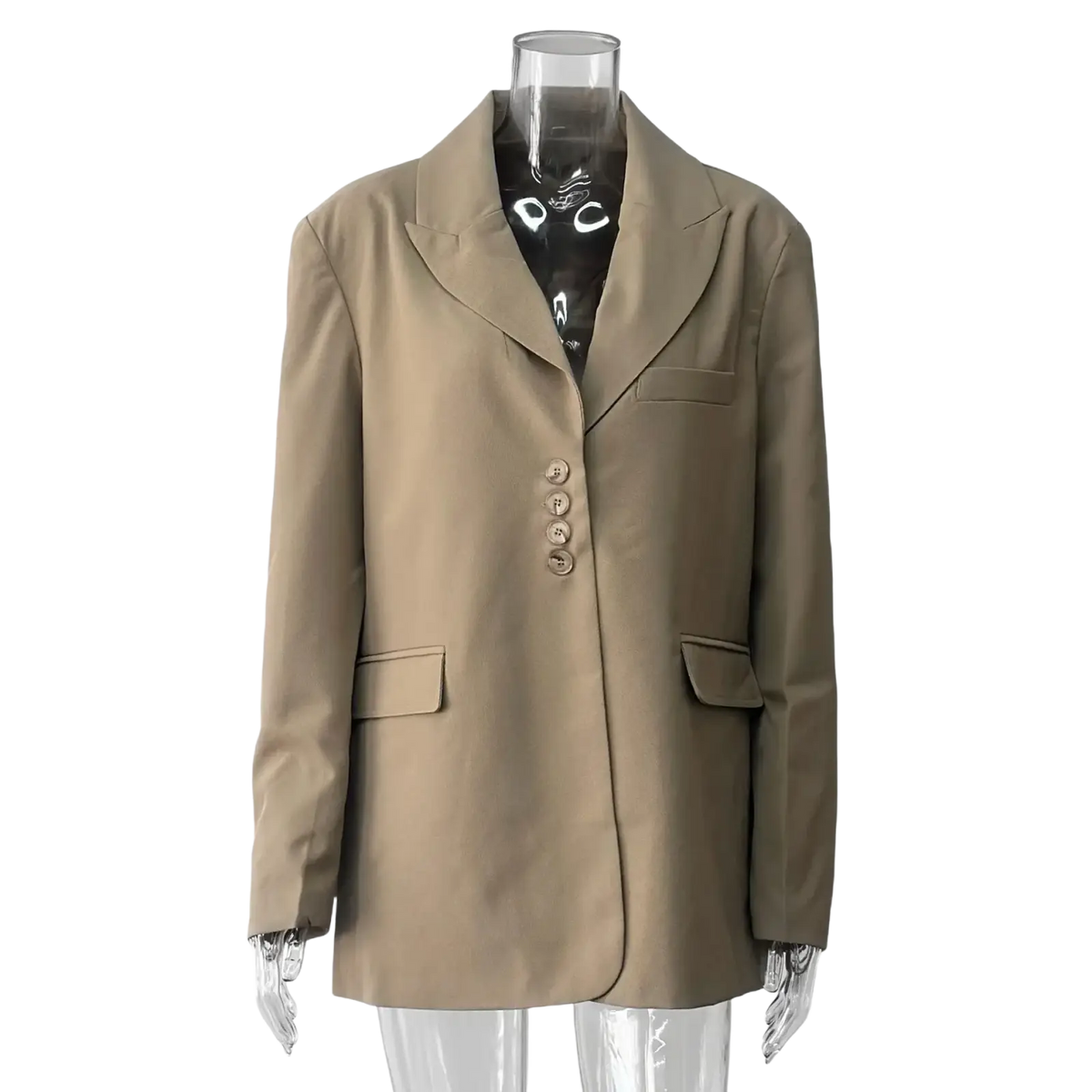 Beige women’s casual blazer tailored office suit jacket with classic collar front button closure and flap pockets