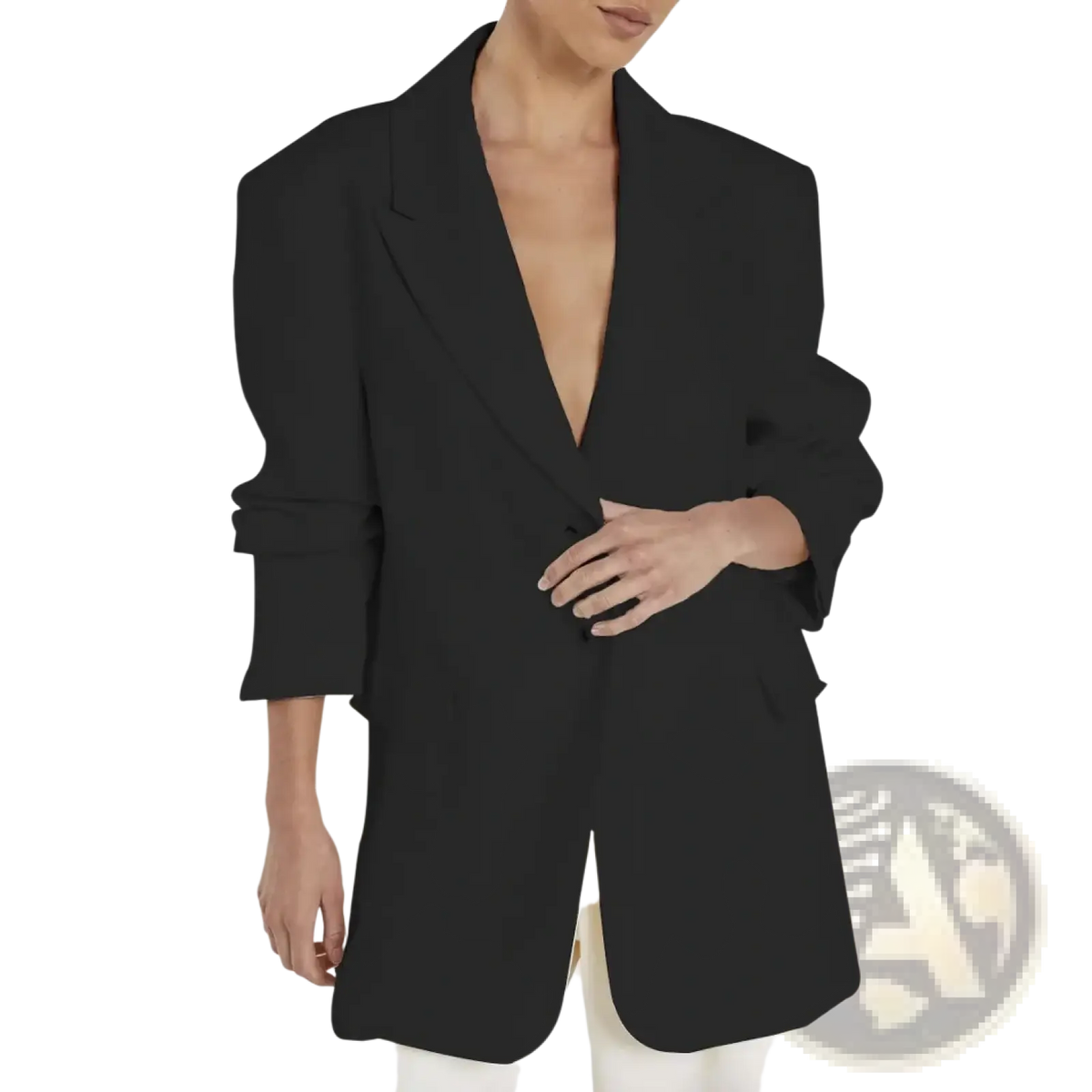 Black oversized women’s casual blazer with structured relaxed fit rolled sleeves and deep v-neckline for office wear