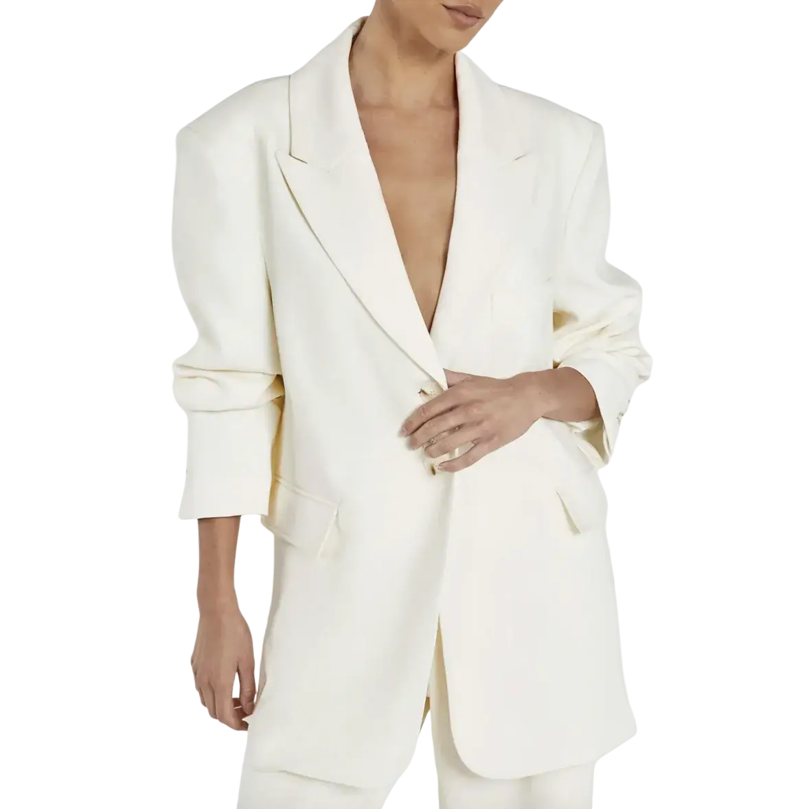 Cream-colored oversized women’s casual blazer with structured shoulders and relaxed fit tailored for office wear