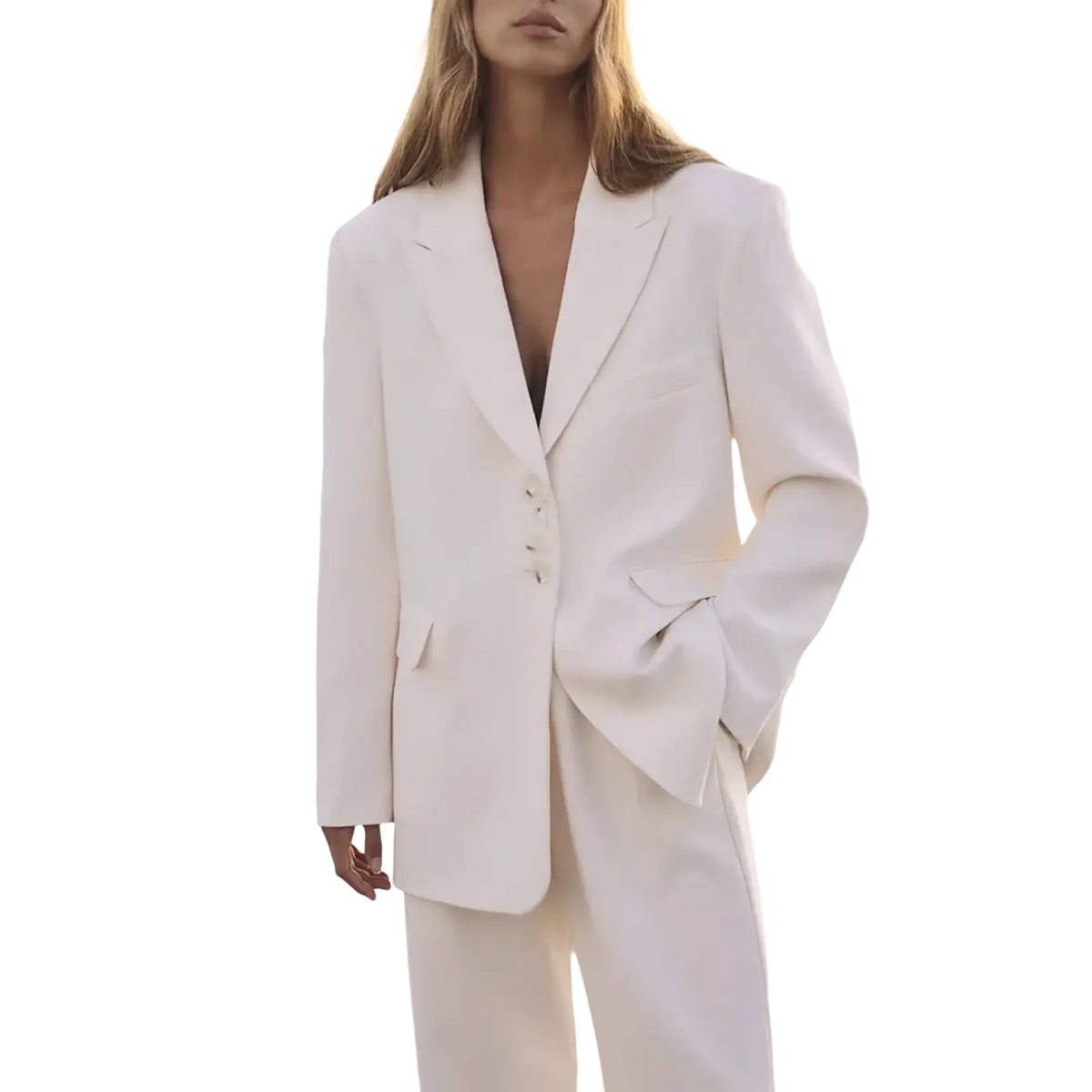 A sleek white tailored women’s casual blazer with subtle texture notched lapels and three-button closure for office wear
