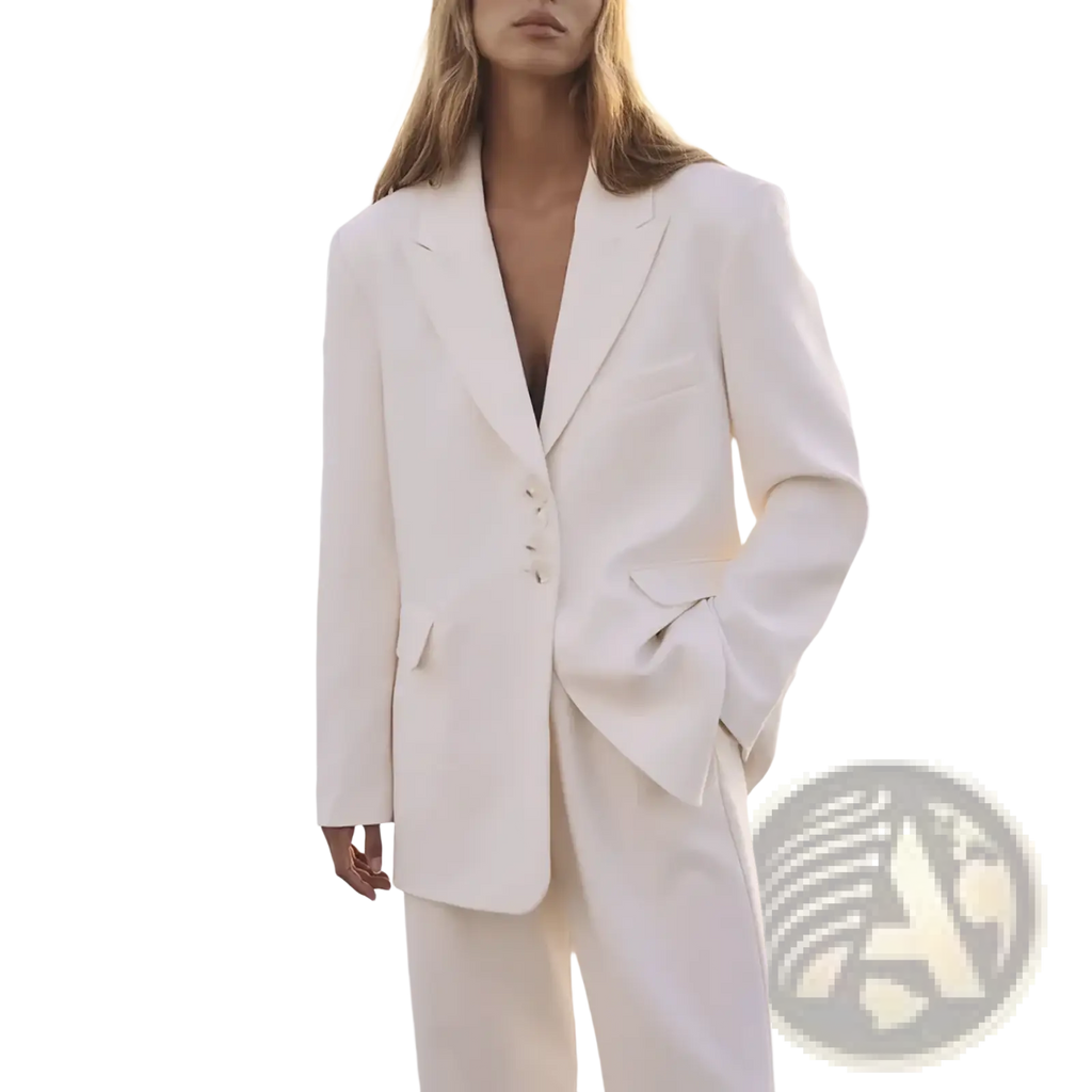 A sleek white tailored women’s casual blazer with subtle texture notched lapels and three-button closure for office wear