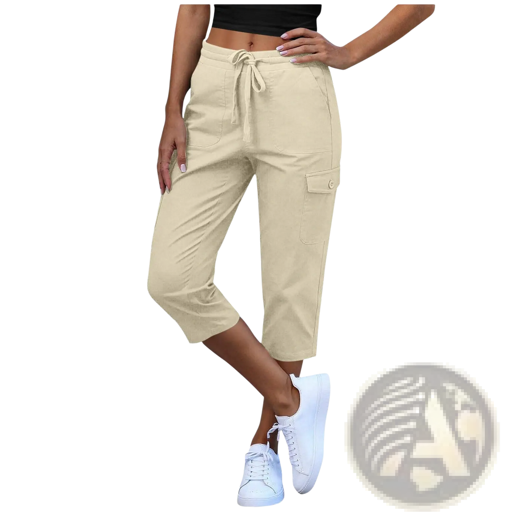 Beige women’s casual cropped cargo pants with drawstring waist and side pockets ideal for everyday wear