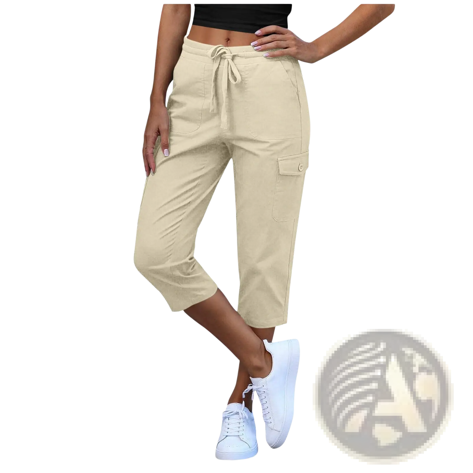 Beige women’s casual cropped cargo pants with drawstring waist and side pockets ideal for everyday wear