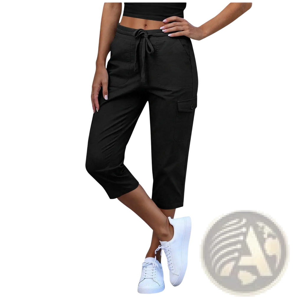 Women’s casual cropped cargo pants in black with drawstring waist and side pockets for versatile wear