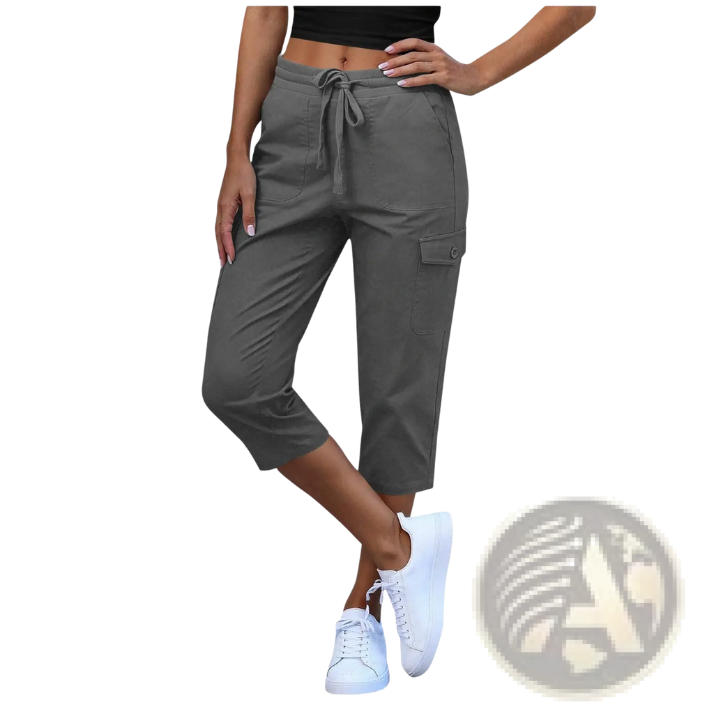 Women’s casual cropped gray cargo pants with drawstring waist and multiple pockets for versatile use