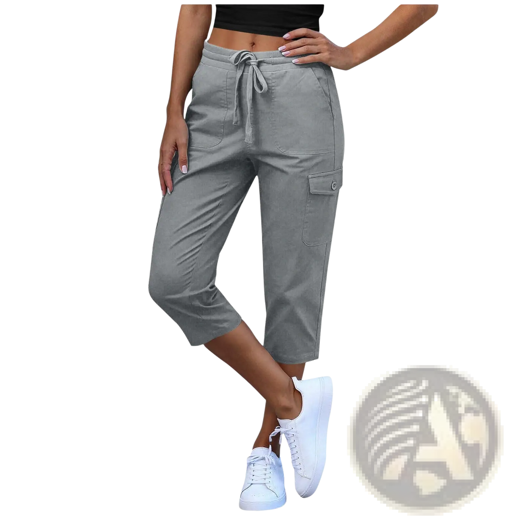 Women’s casual cropped gray cargo pants with drawstring waist and multiple pockets for versatile wear