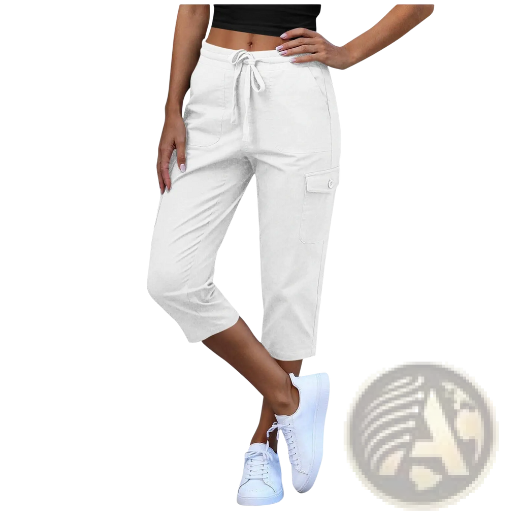 White capri casual cropped cargo pants with drawstring waist and multiple pockets for women
