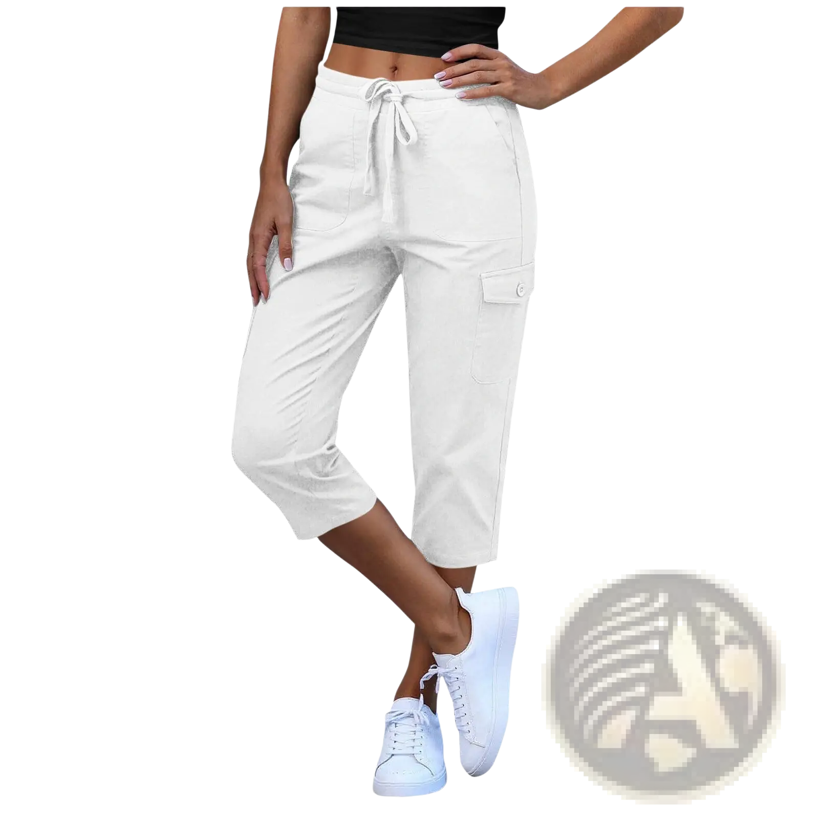 White capri casual cropped cargo pants with drawstring waist and multiple pockets for women
