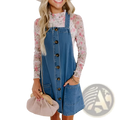 Women casual loose blue denim overalls dress with floral long sleeve top worn underneath front view