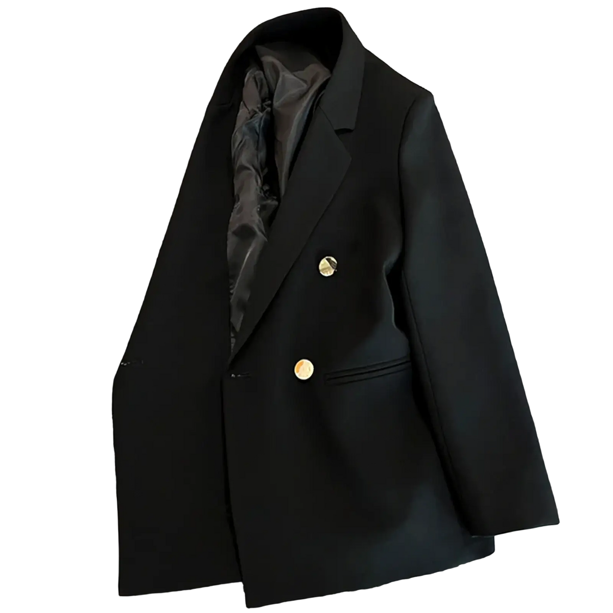 Black double-breasted women’s casual blazer with gold buttons and satin-lined interior for office wear