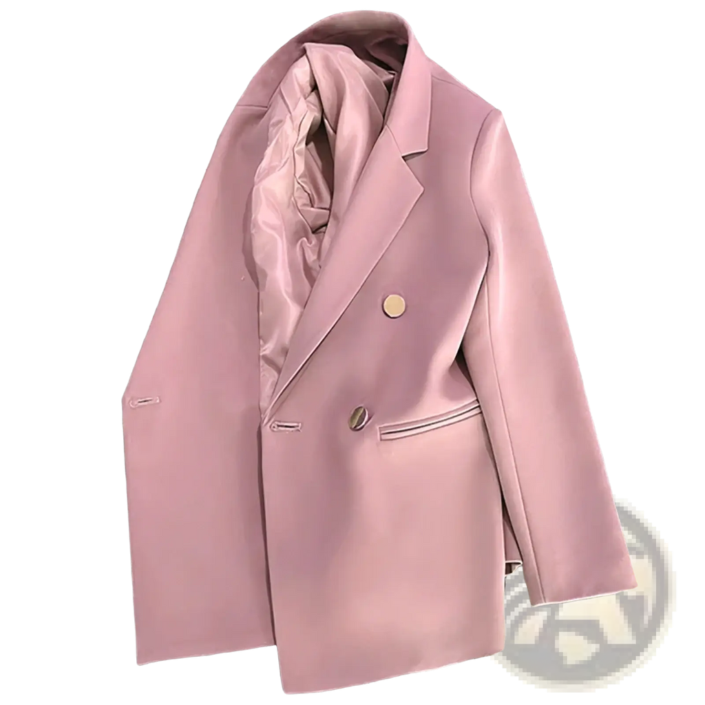 Women casual soft pink satin double-breasted blazer with gold buttons suitable for office wear