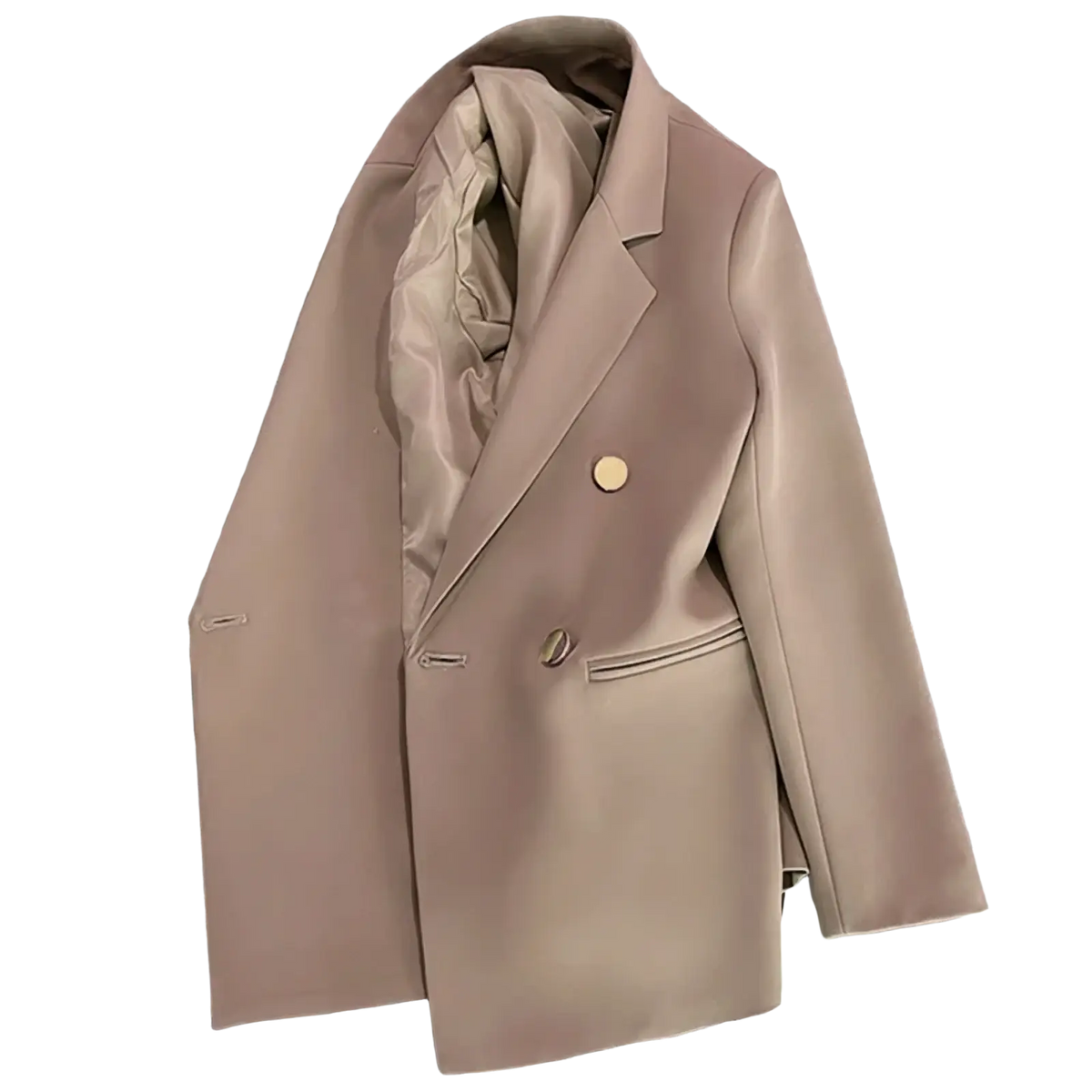 Women’s casual double-breasted office blazer in blush pink satin with gold-toned buttons and a sleek finish
