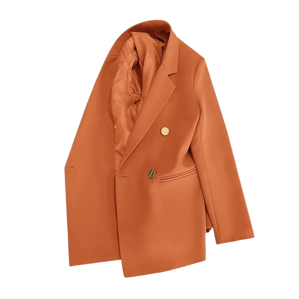 A women’s casual orange double-breasted blazer with contrasting green buttons suitable for office wear