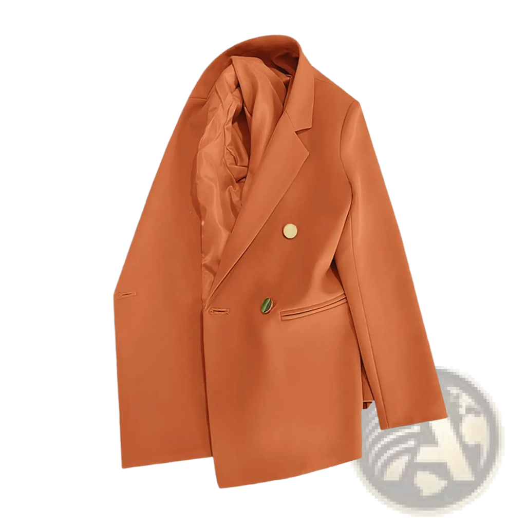 A women’s casual orange double-breasted blazer with contrasting green buttons suitable for office wear